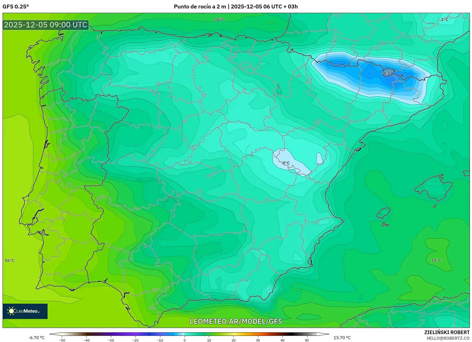 GFS model - España, Punto de rocío a 2 m