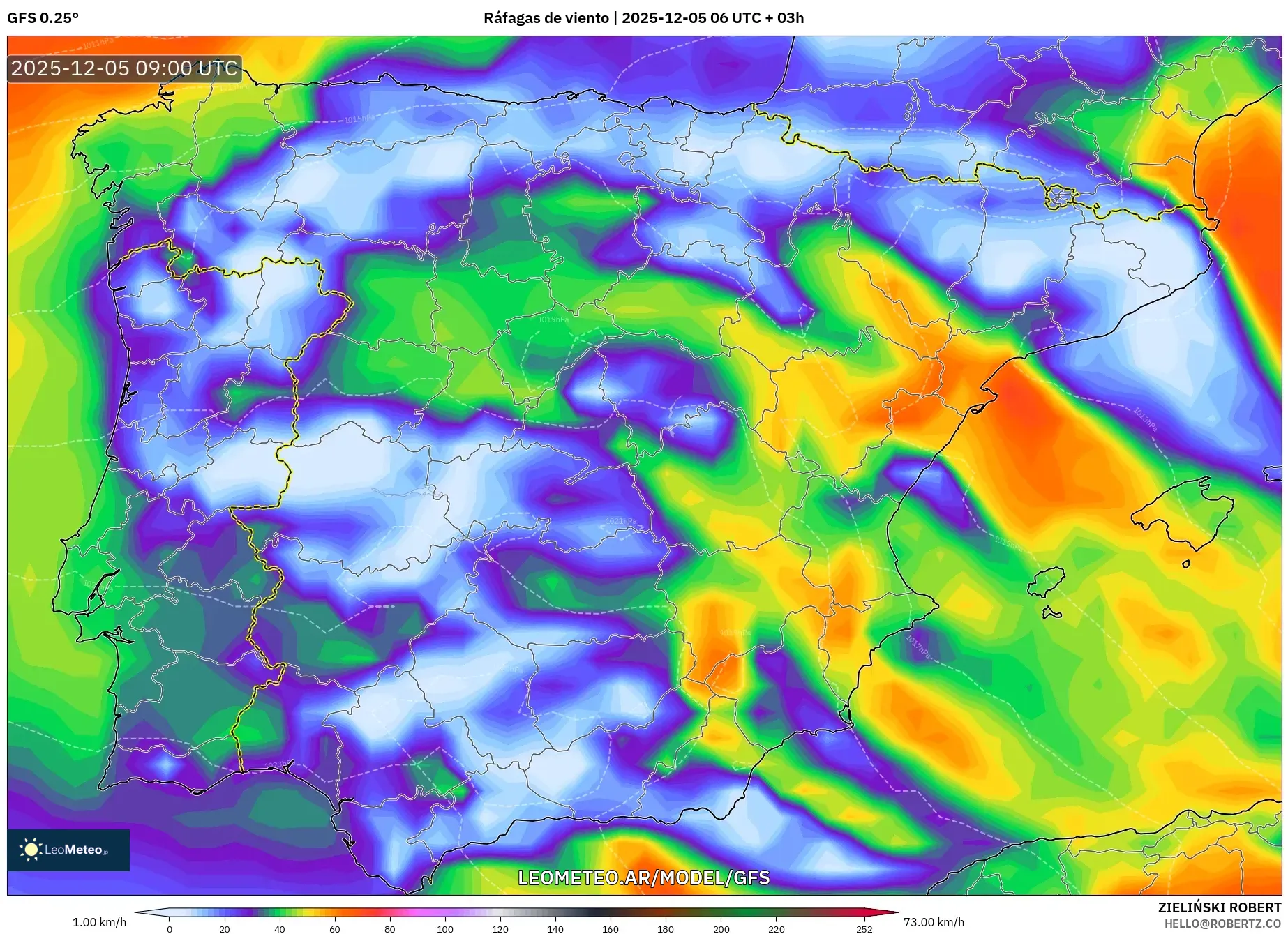 GFS model - España, Ráfagas de viento