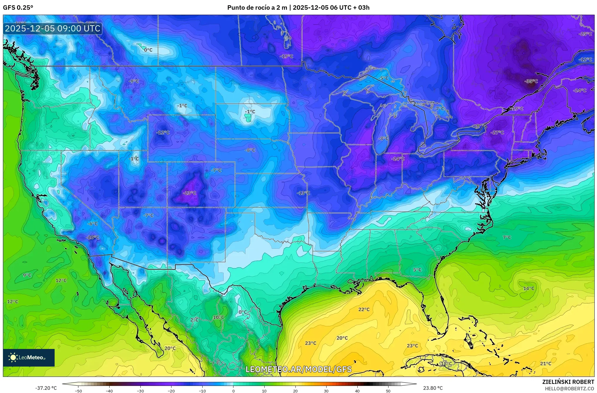 GFS model - Estados Unidos, Punto de rocío a 2 m