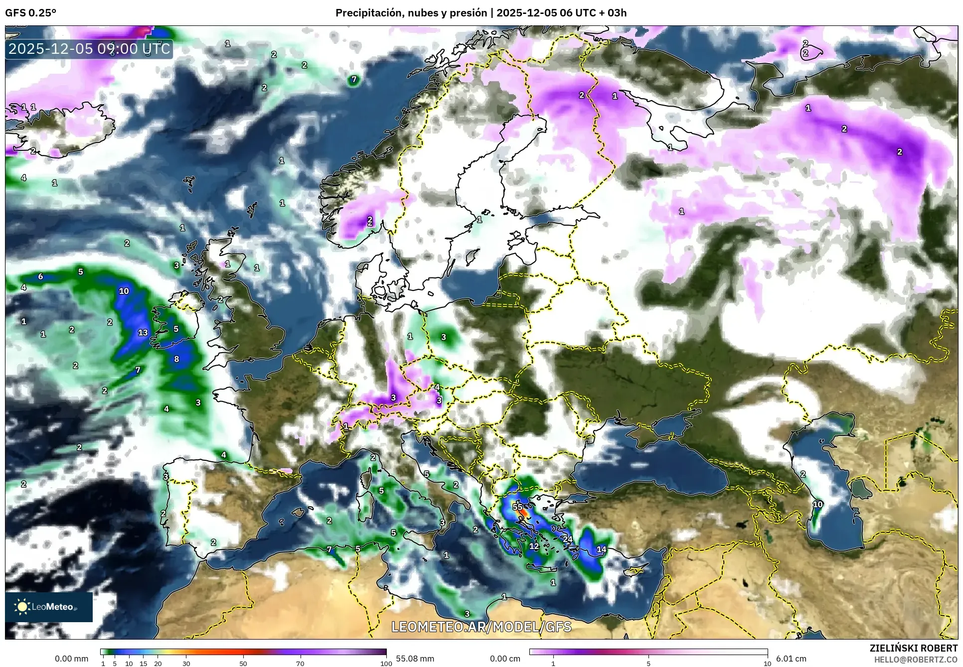 GFS model - Europa, Precipitación, nubes y presión