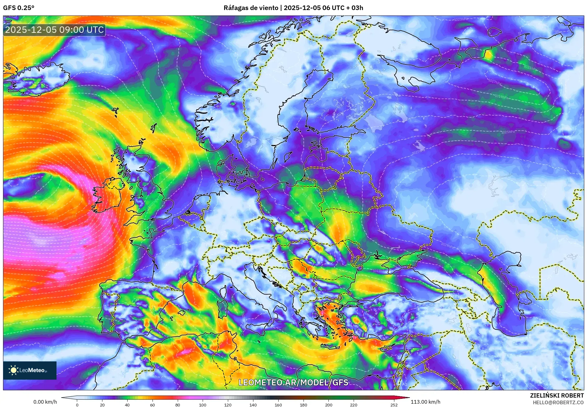 GFS model - Europa, Ráfagas de viento