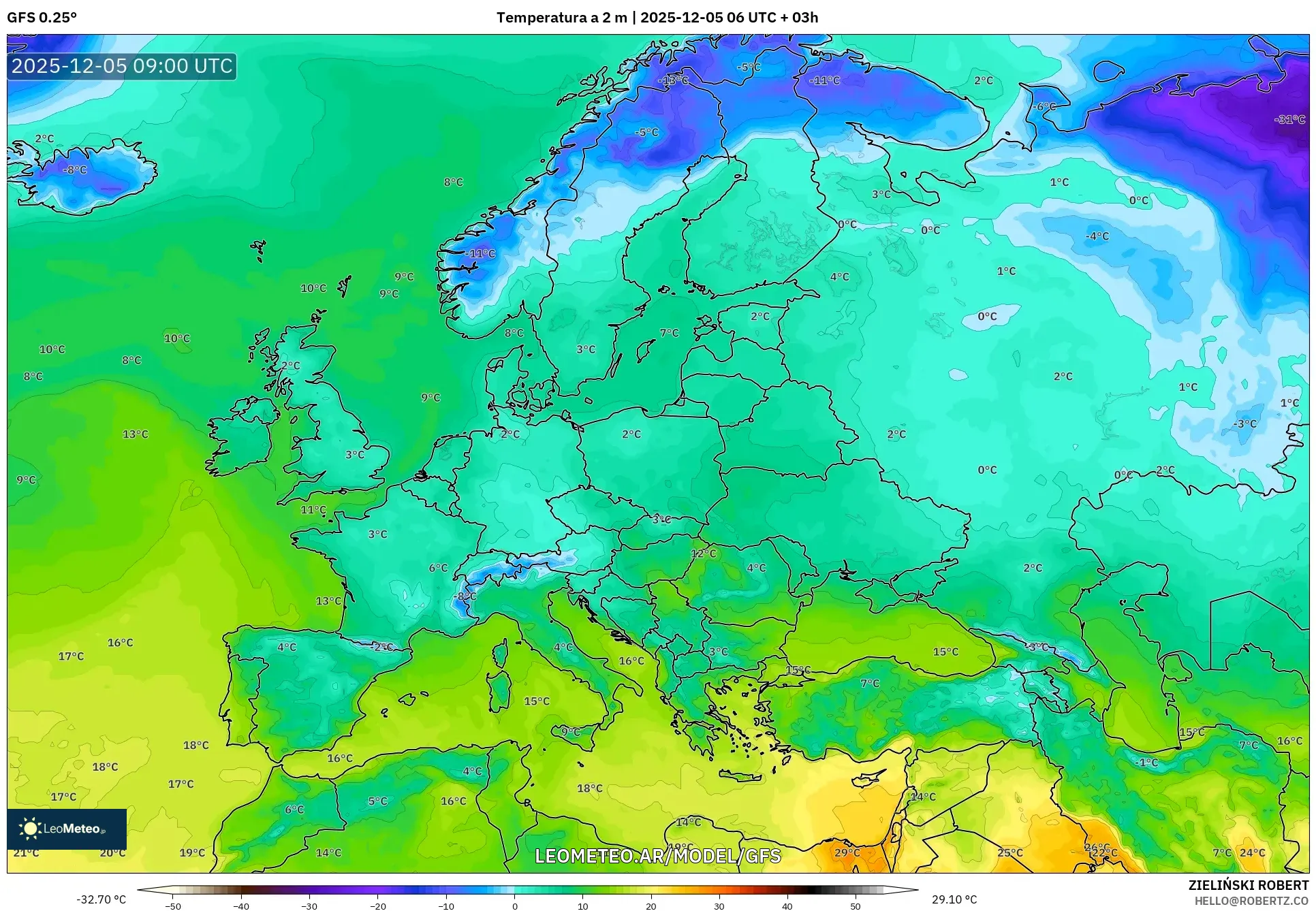 GFS model - Europa, Temperatura a 2 m