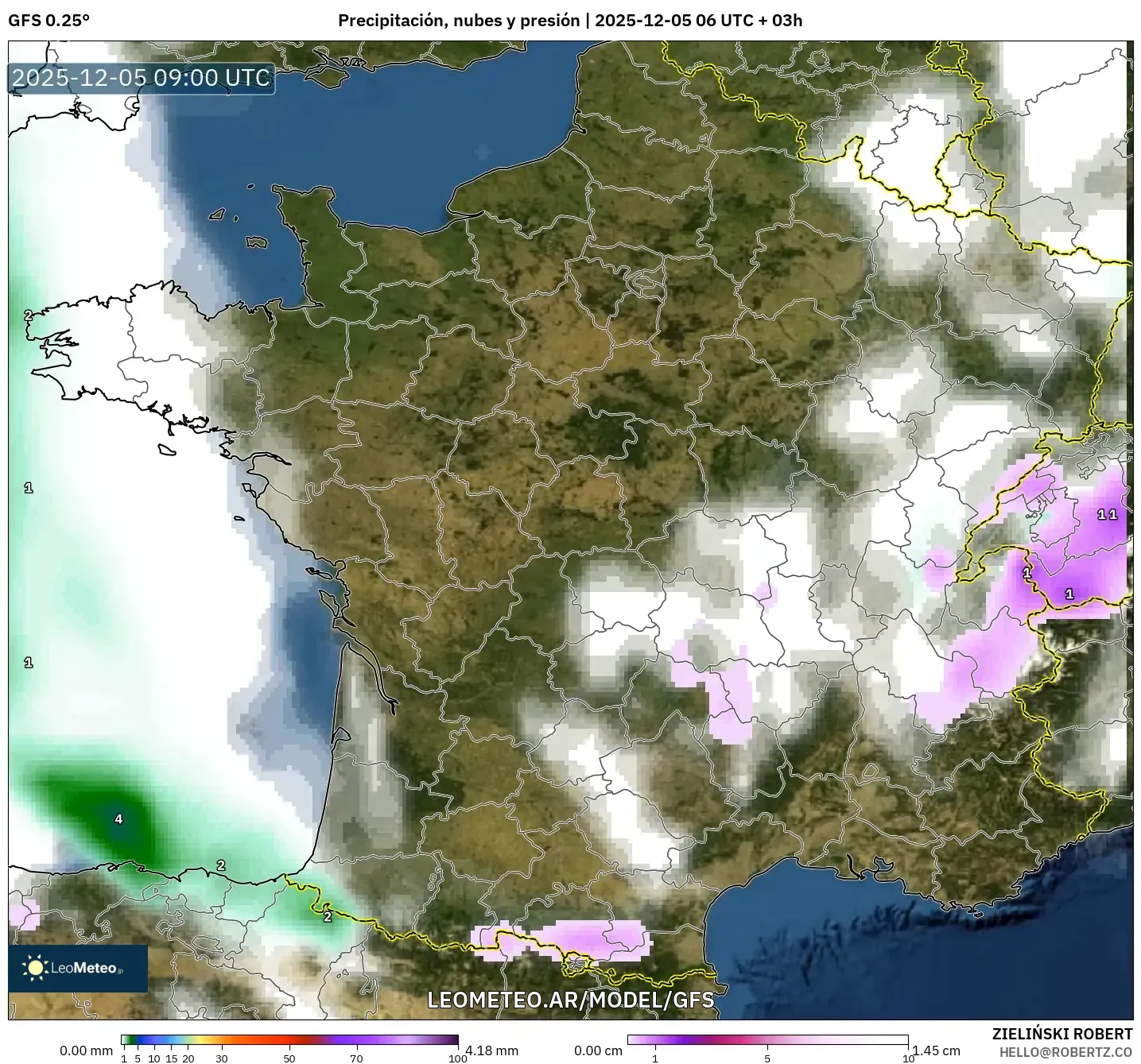GFS model - Francia, Precipitación, nubes y presión
