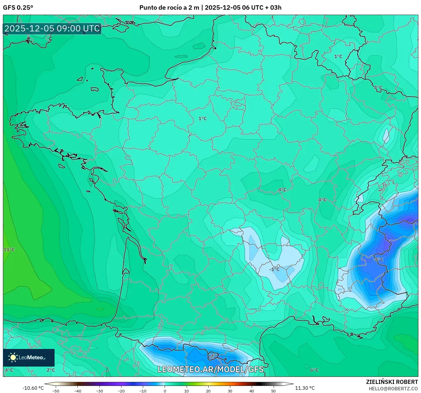 GFS model - Francia, Punto de rocío a 2 m