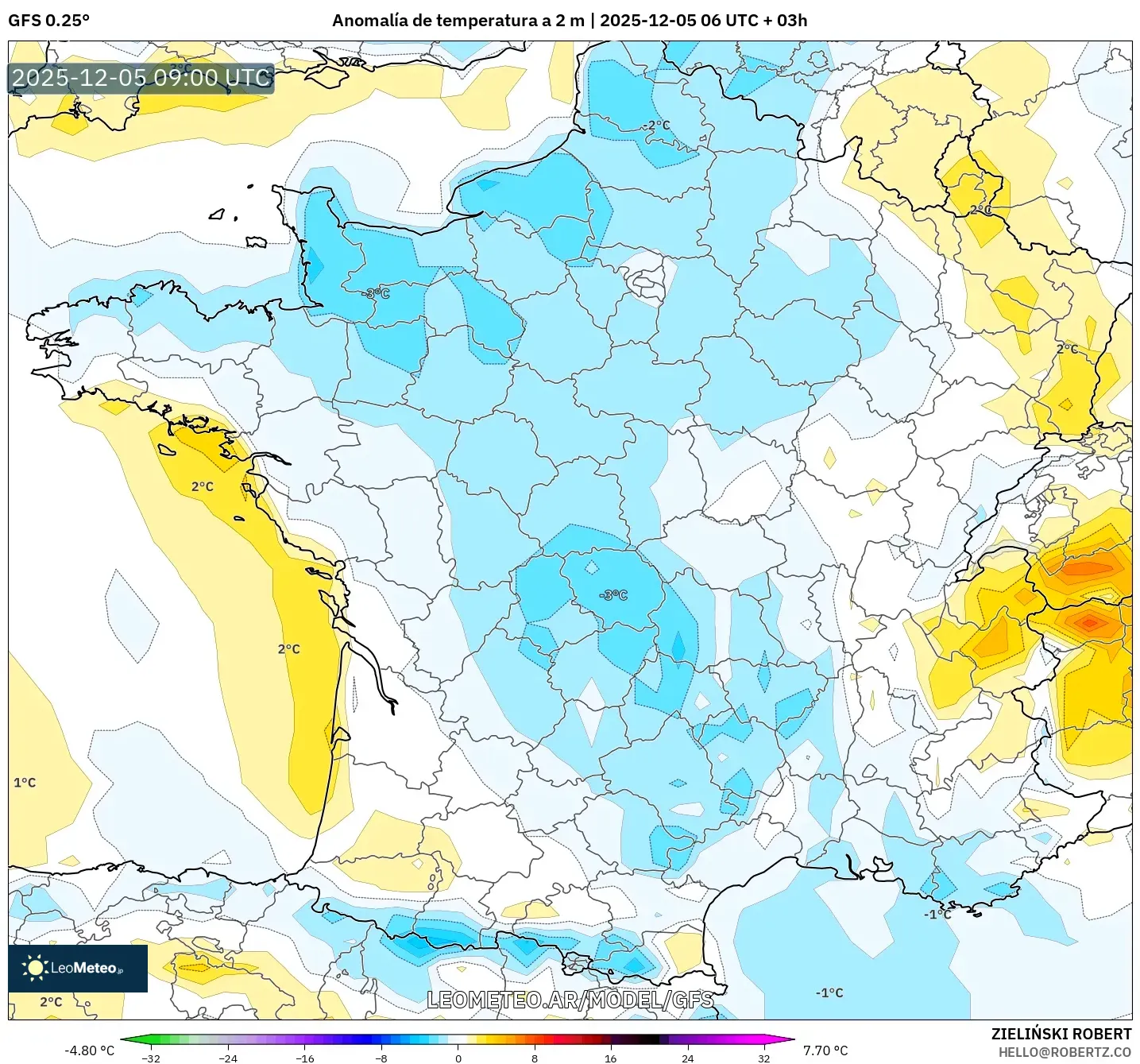GFS model - Francia, Anomalía de temperatura a 2 m