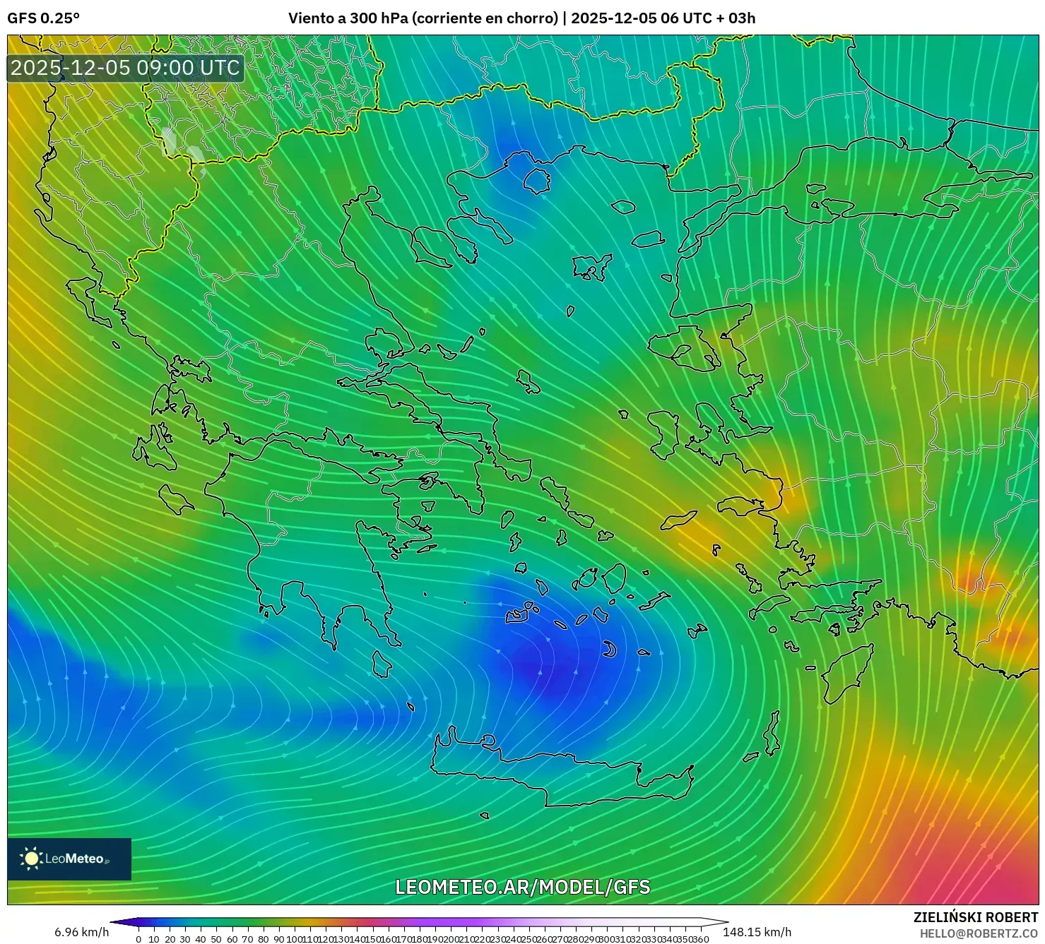 GFS model - Grecia, Viento a 300 hPa (corriente en chorro)