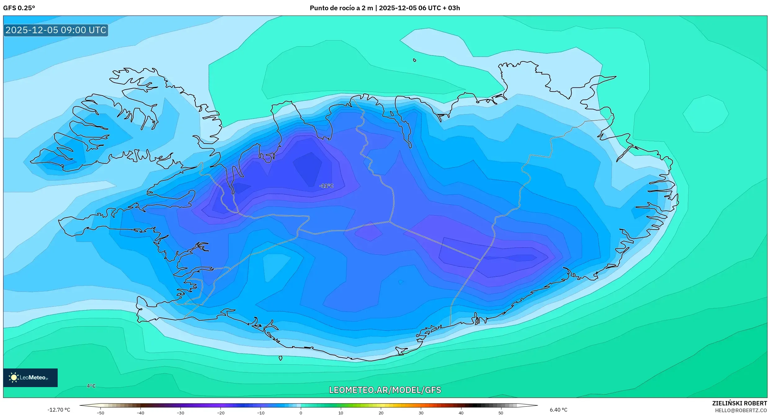 GFS model - Islandia, Punto de rocío a 2 m