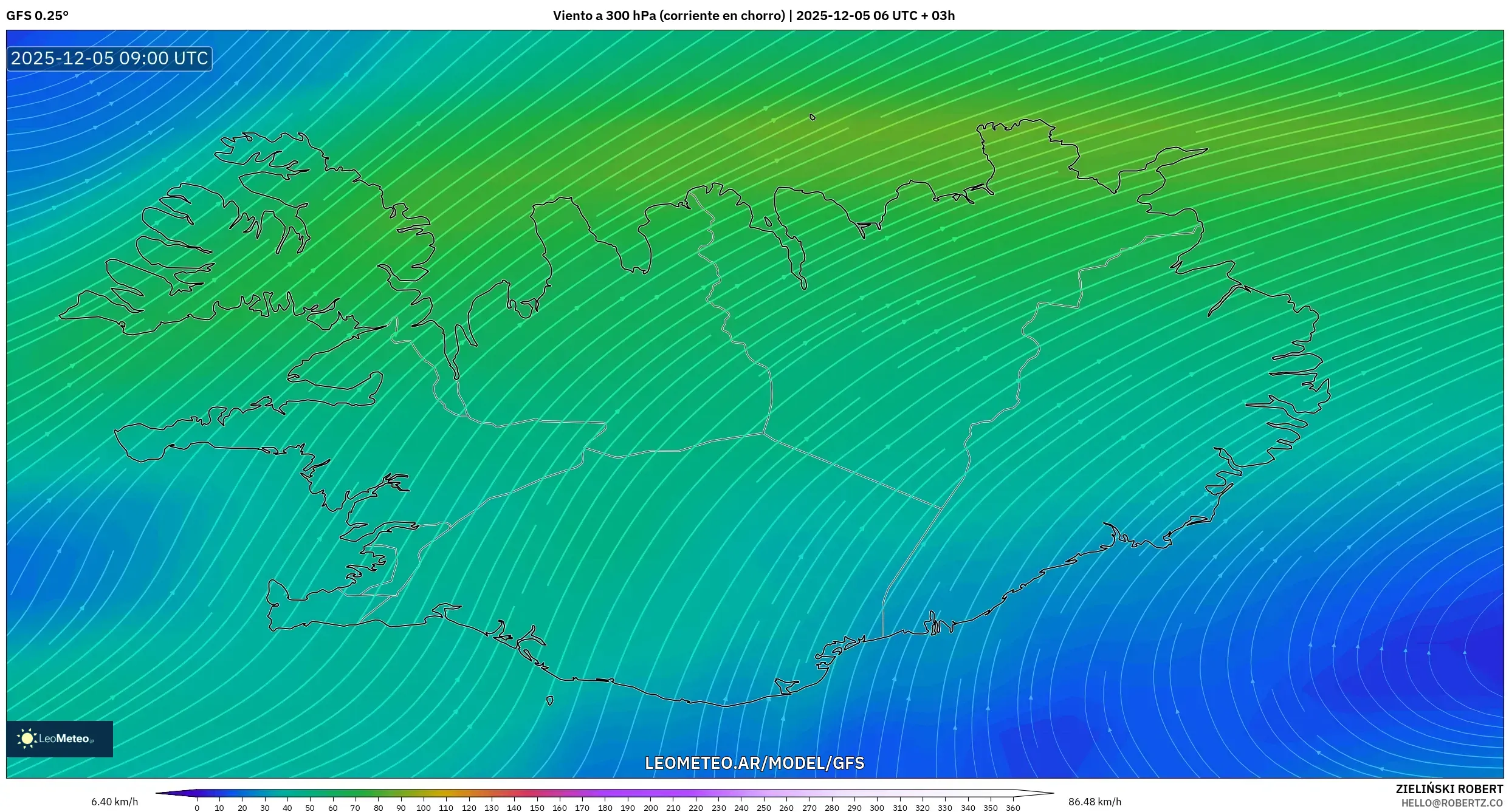 GFS model - Islandia, Viento a 300 hPa (corriente en chorro)
