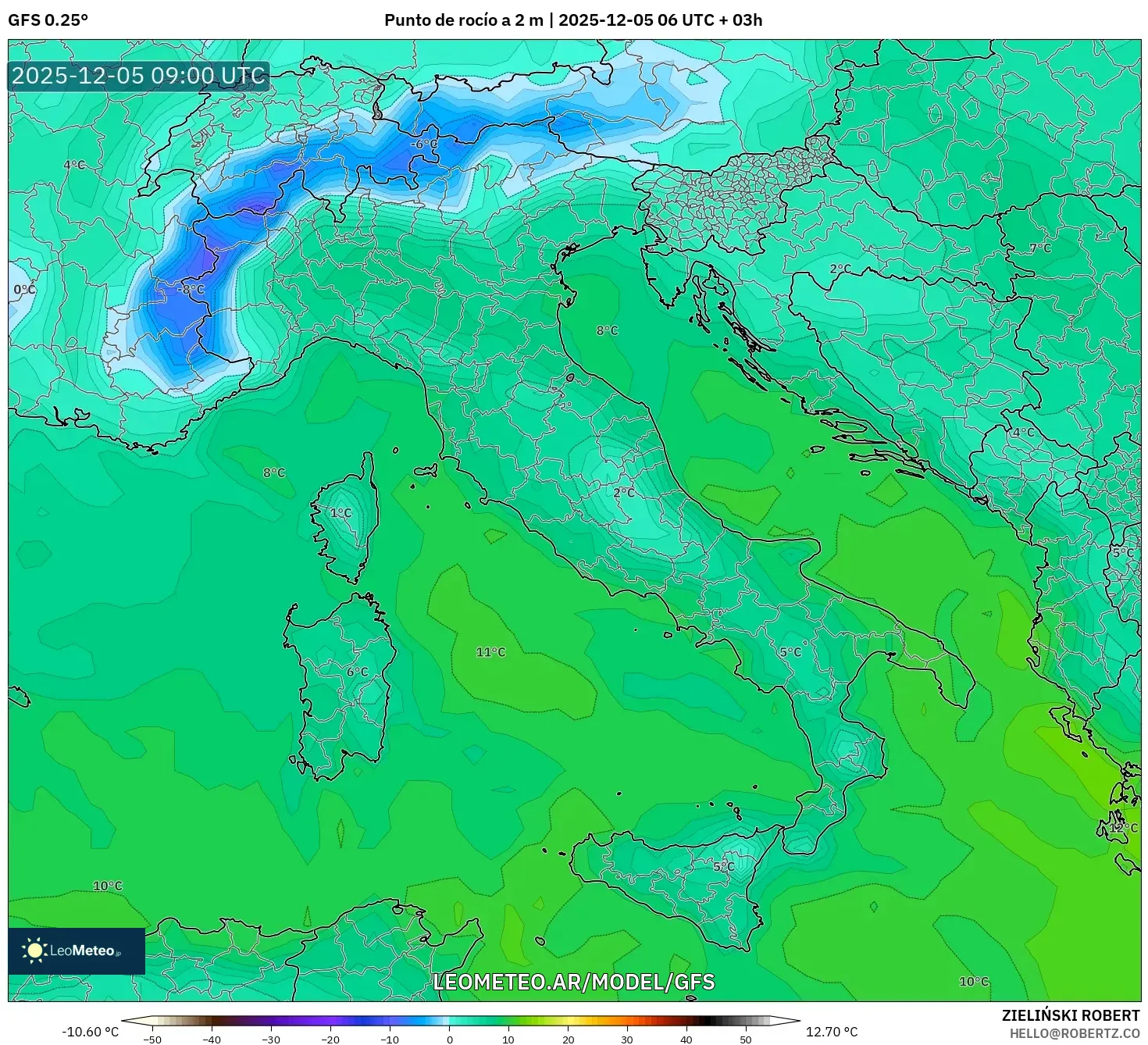 GFS model - Italia, Punto de rocío a 2 m