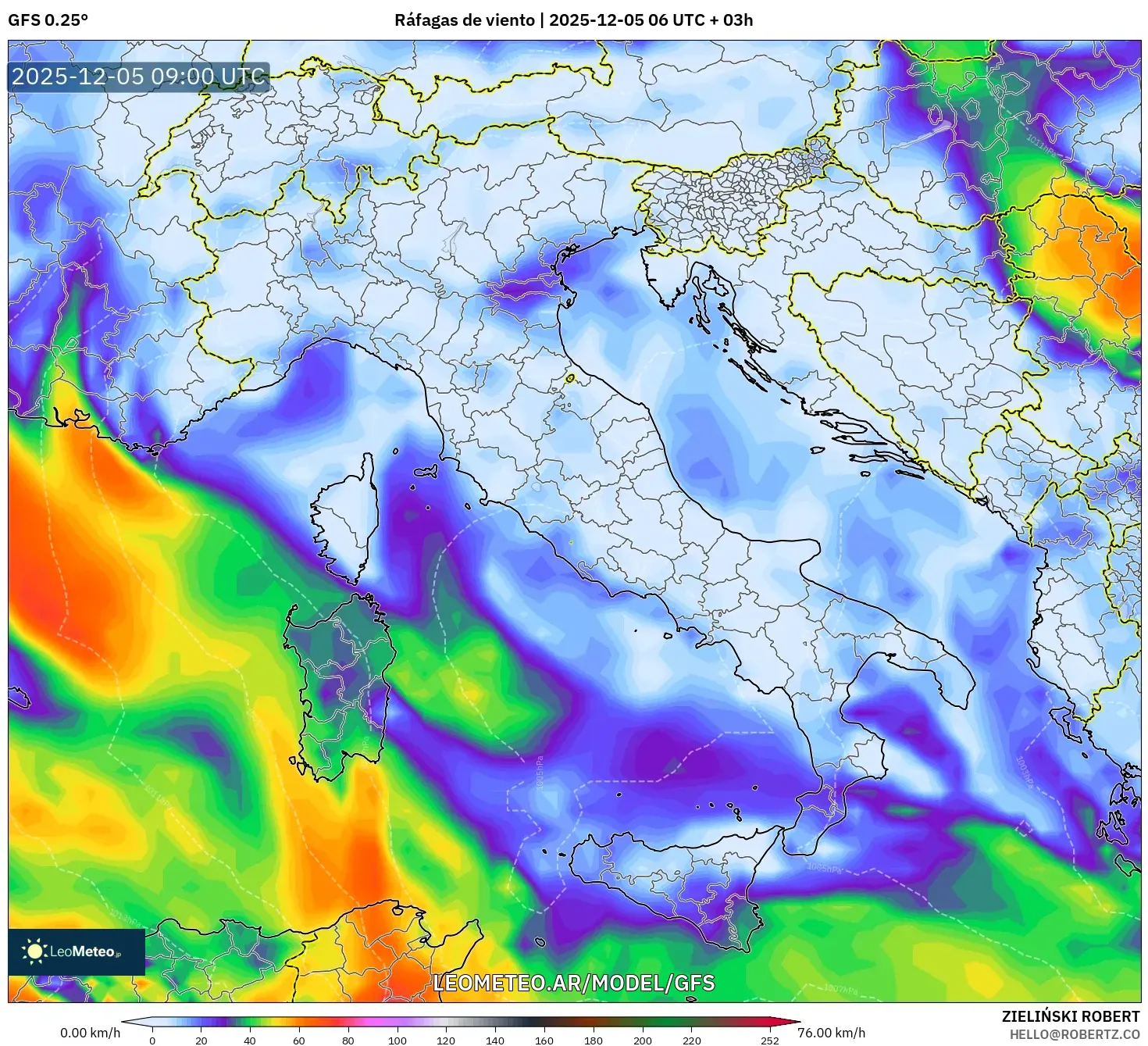 GFS model - Italia, Ráfagas de viento