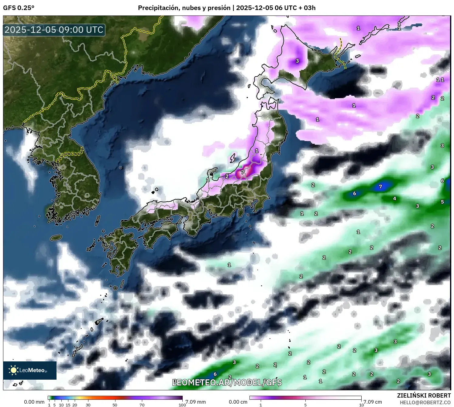 GFS model - Japón, Precipitación, nubes y presión