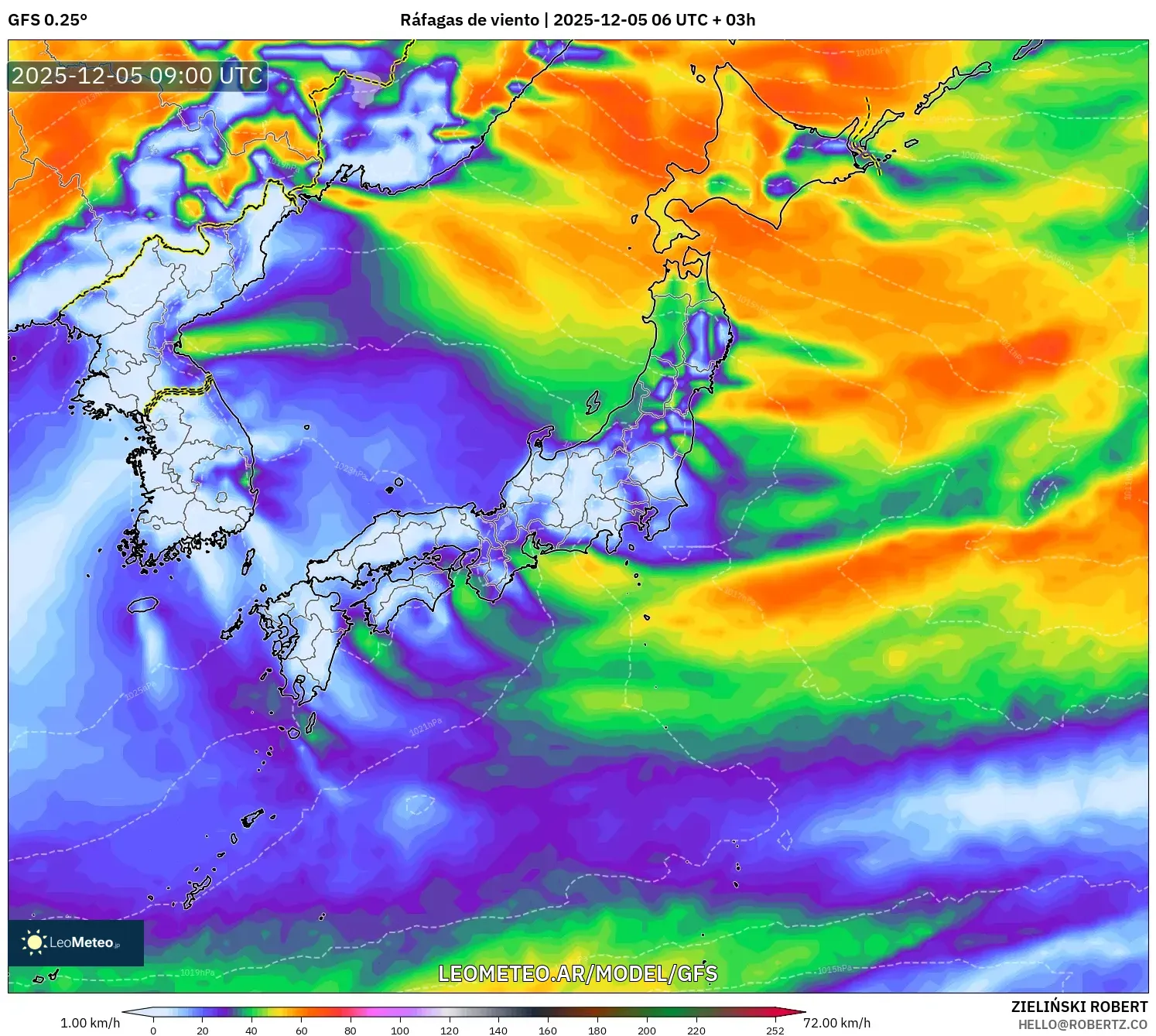 GFS model - Japón, Ráfagas de viento