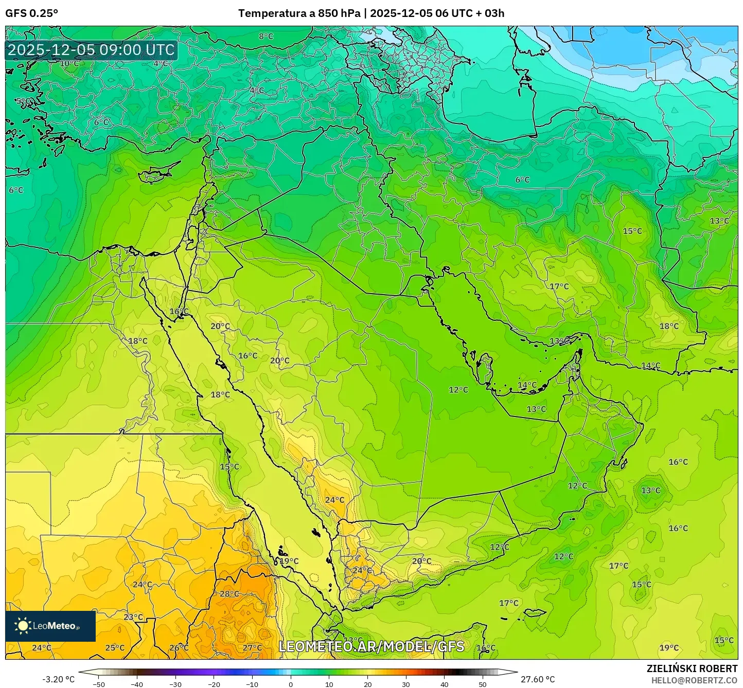 GFS model - Oriente Medio, Temperatura a 850 hPa