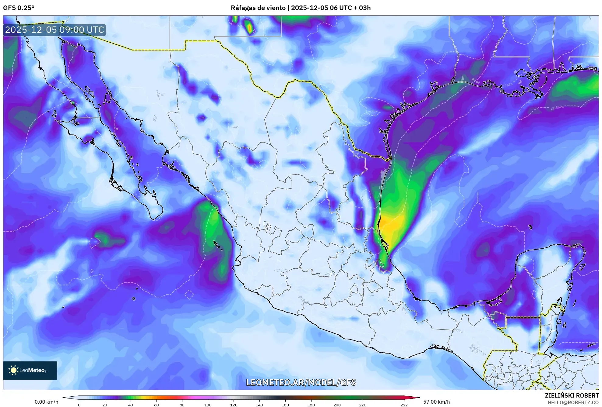 GFS model - México, Ráfagas de viento