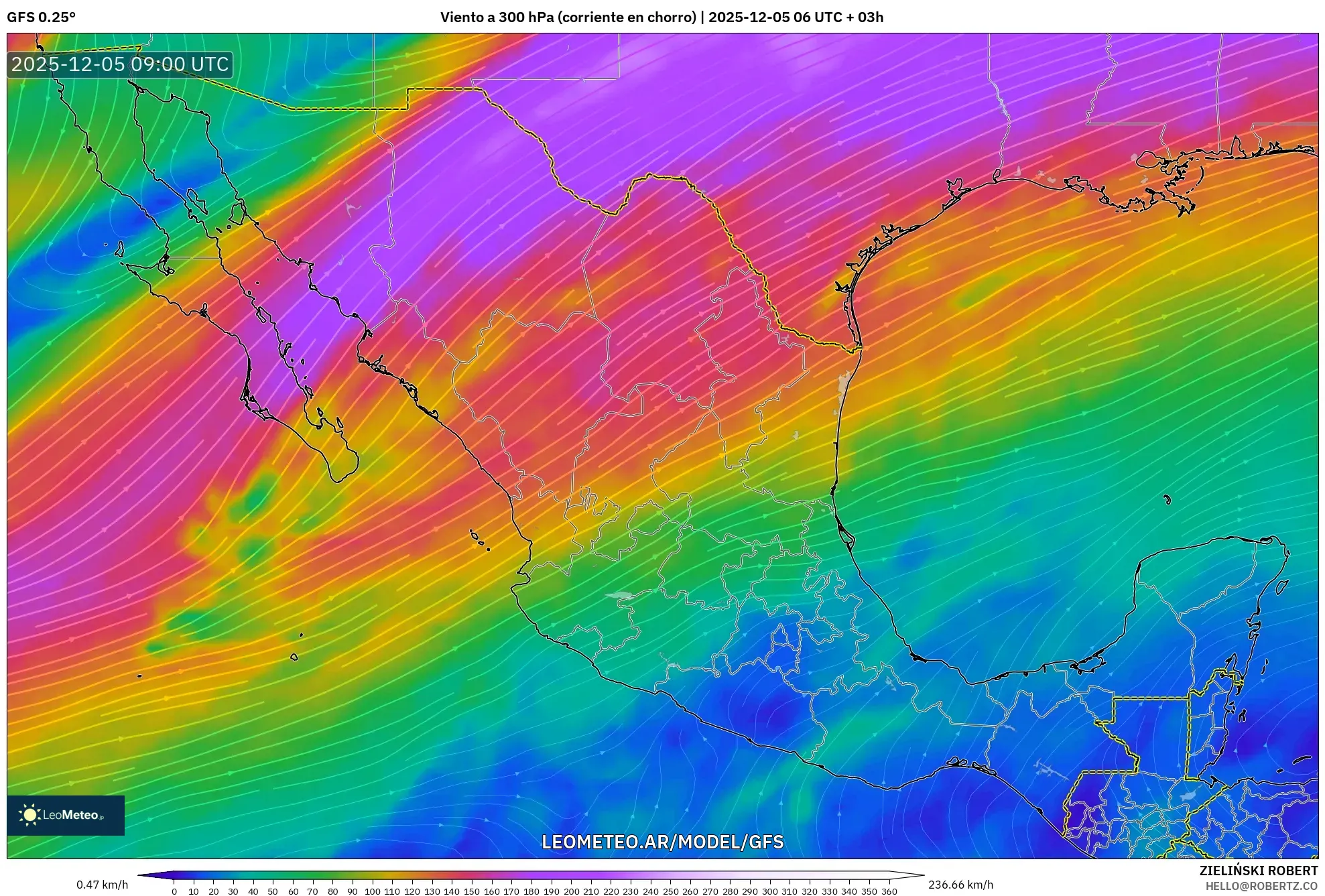 GFS model - México, Viento a 300 hPa (corriente en chorro)