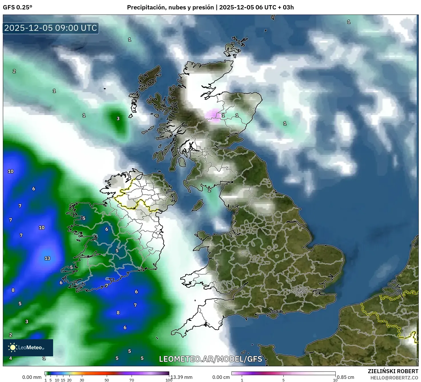 GFS model - Reino Unido, Precipitación, nubes y presión