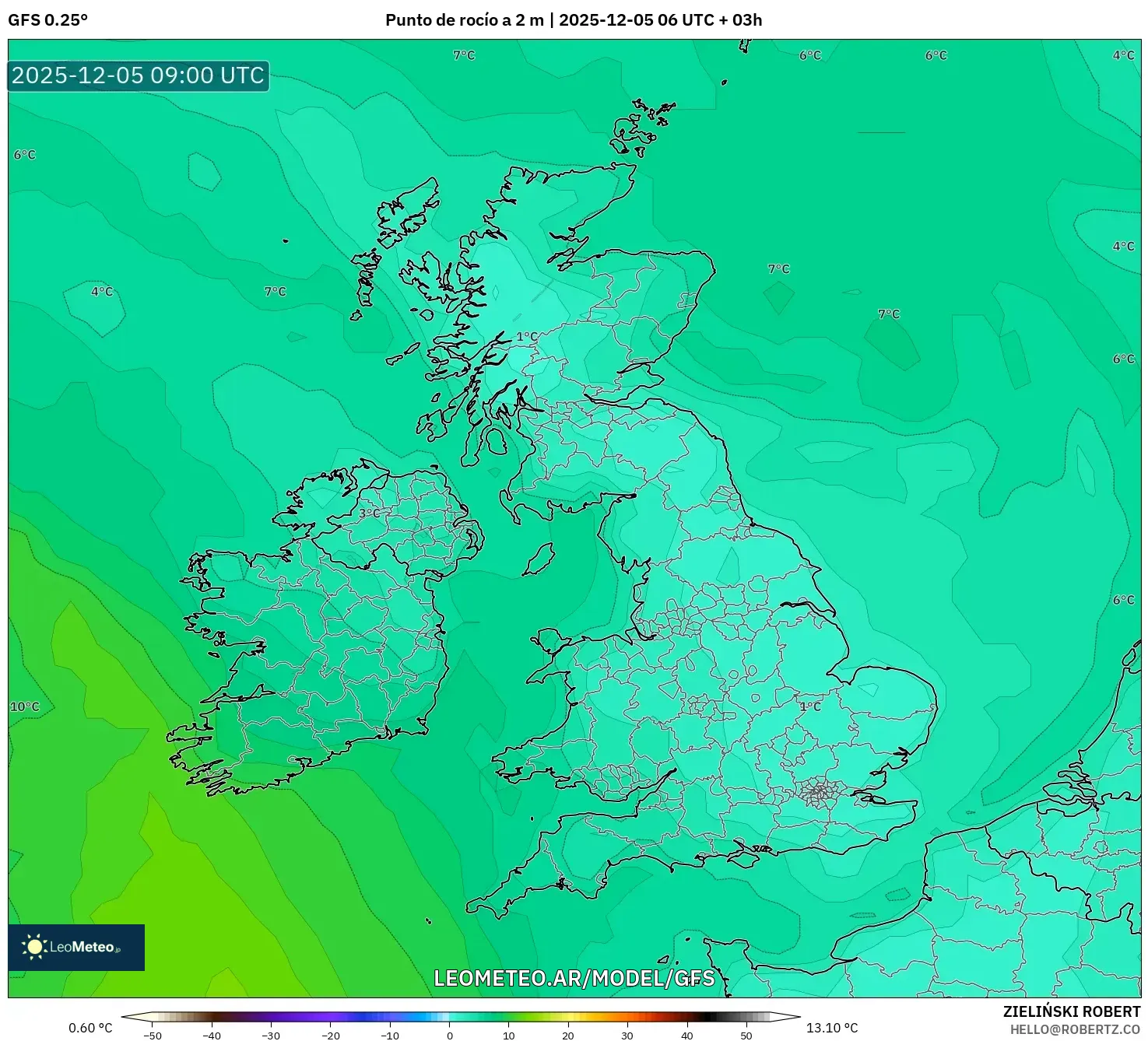 GFS model - Reino Unido, Punto de rocío a 2 m