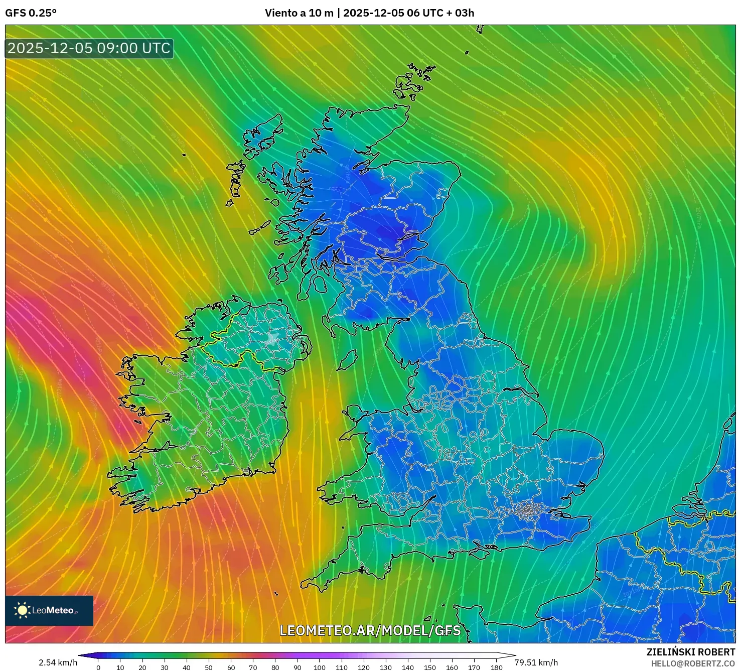 GFS model - Reino Unido, Viento a 10 m