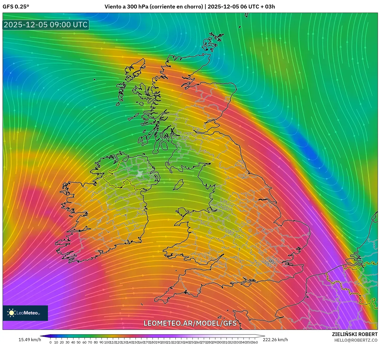 GFS model - Reino Unido, Viento a 300 hPa (corriente en chorro)