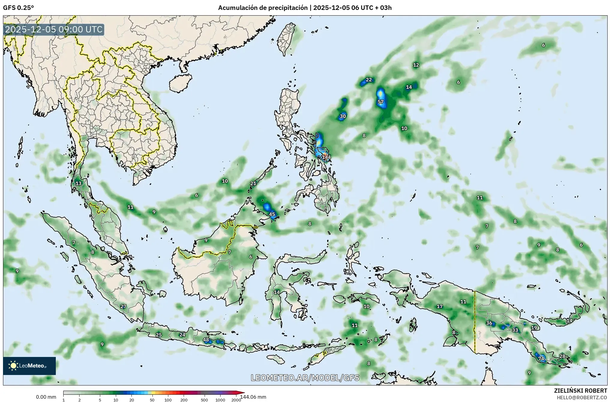 GFS model - Sudeste Asiático, Acumulación de precipitación