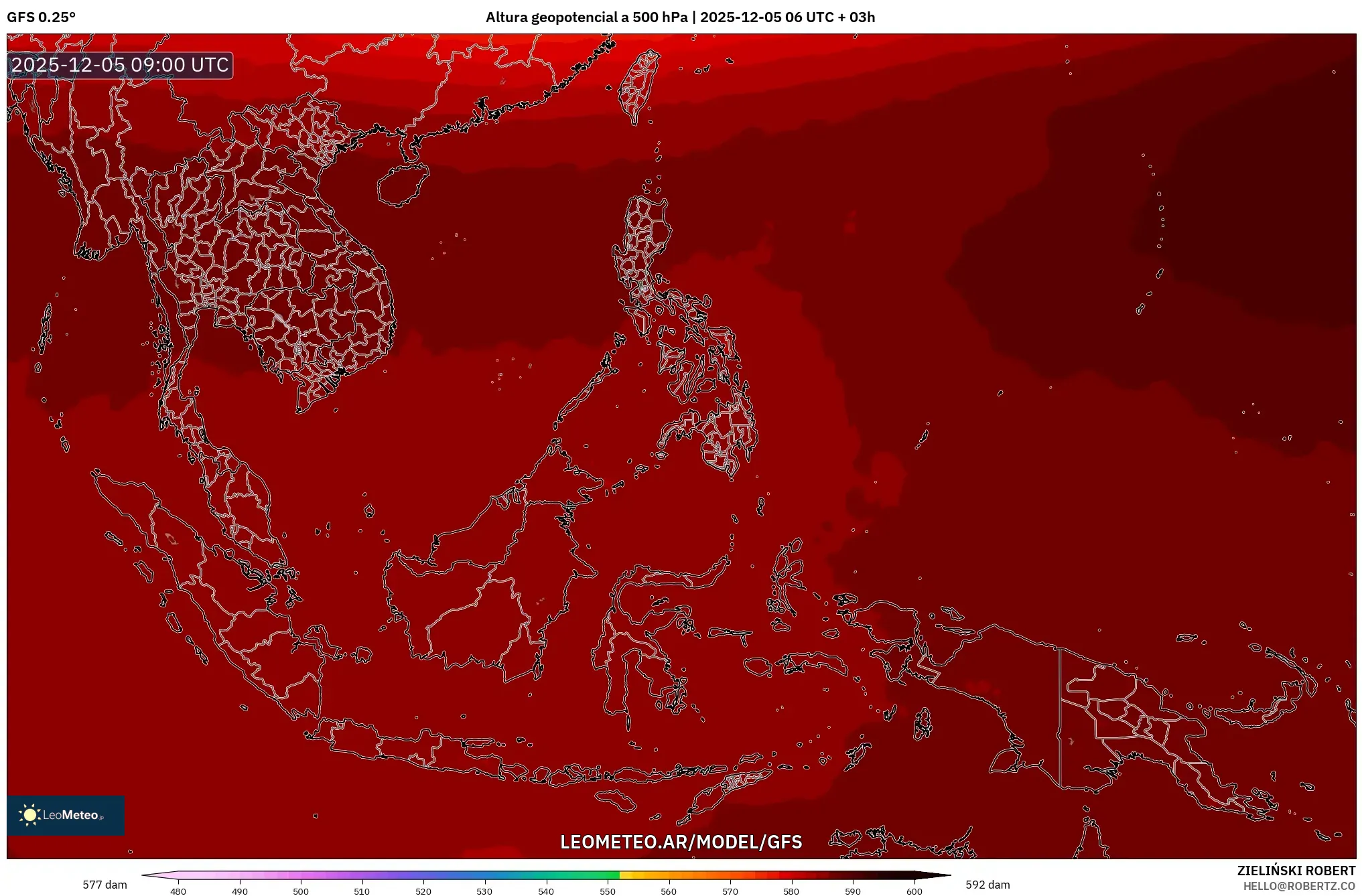 GFS model - Sudeste Asiático, Altura geopotencial a 500 hPa