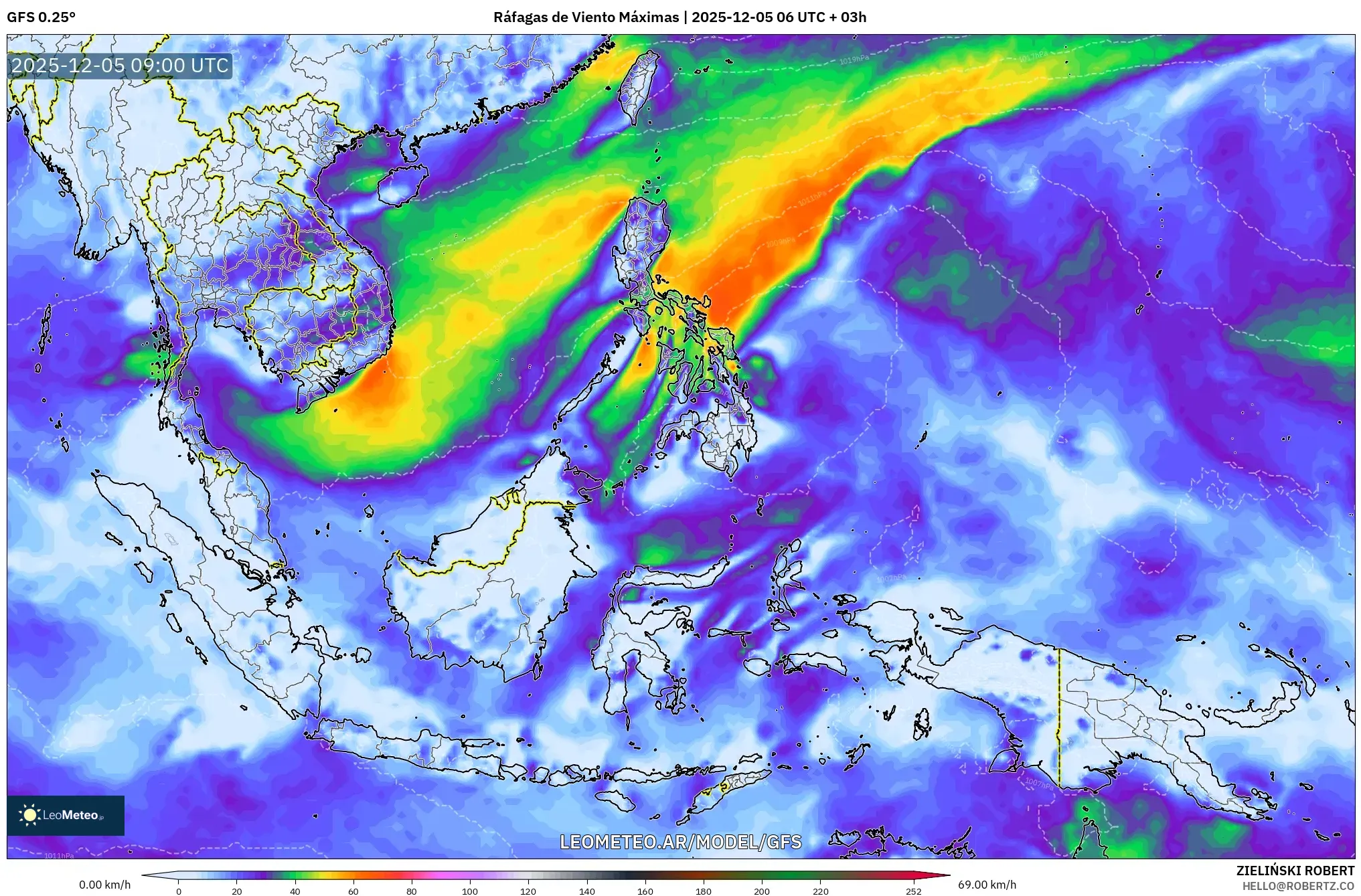 GFS model - Sudeste Asiático, Ráfagas de Viento Máximas