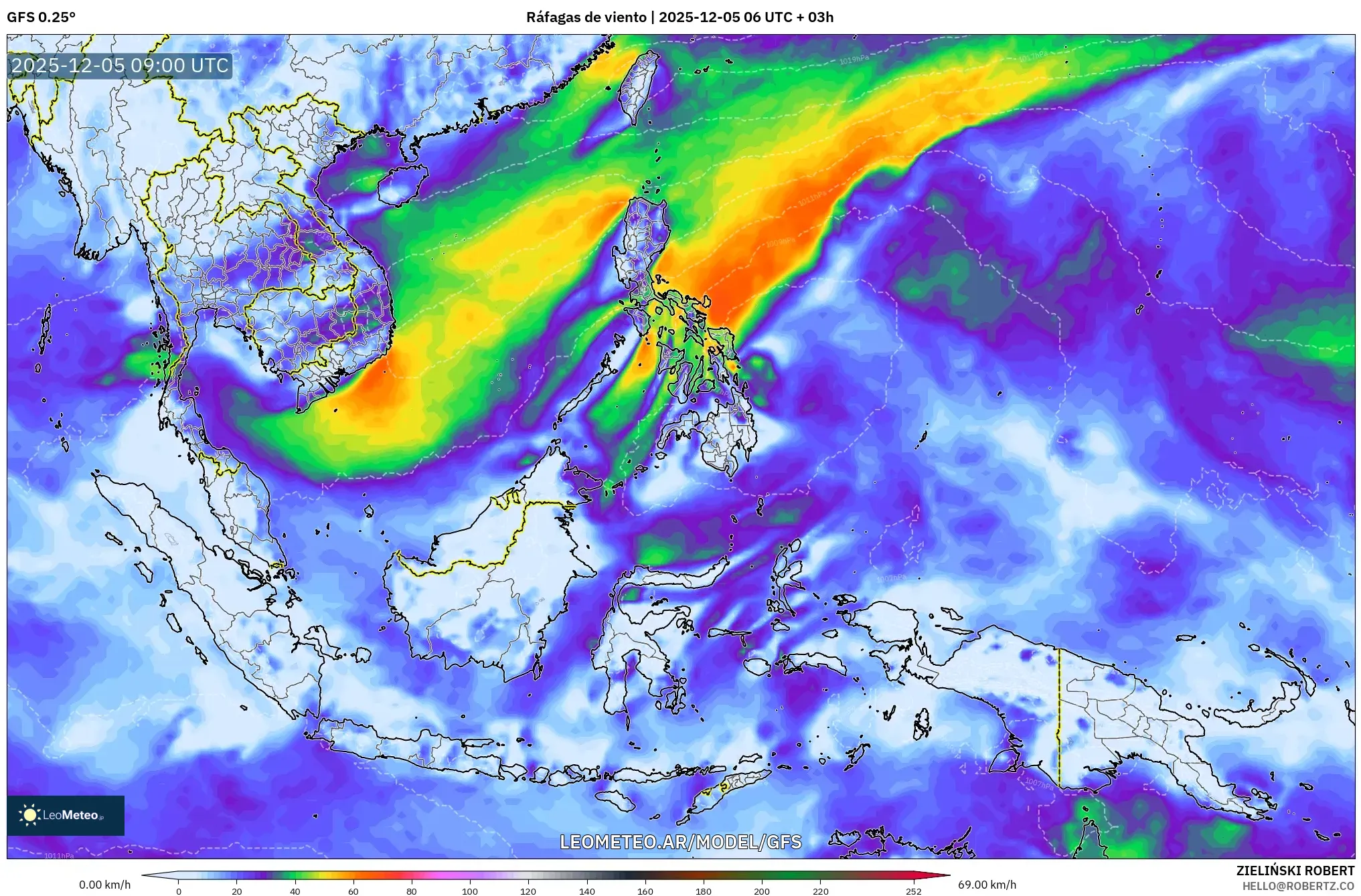 GFS model - Sudeste Asiático, Ráfagas de viento
