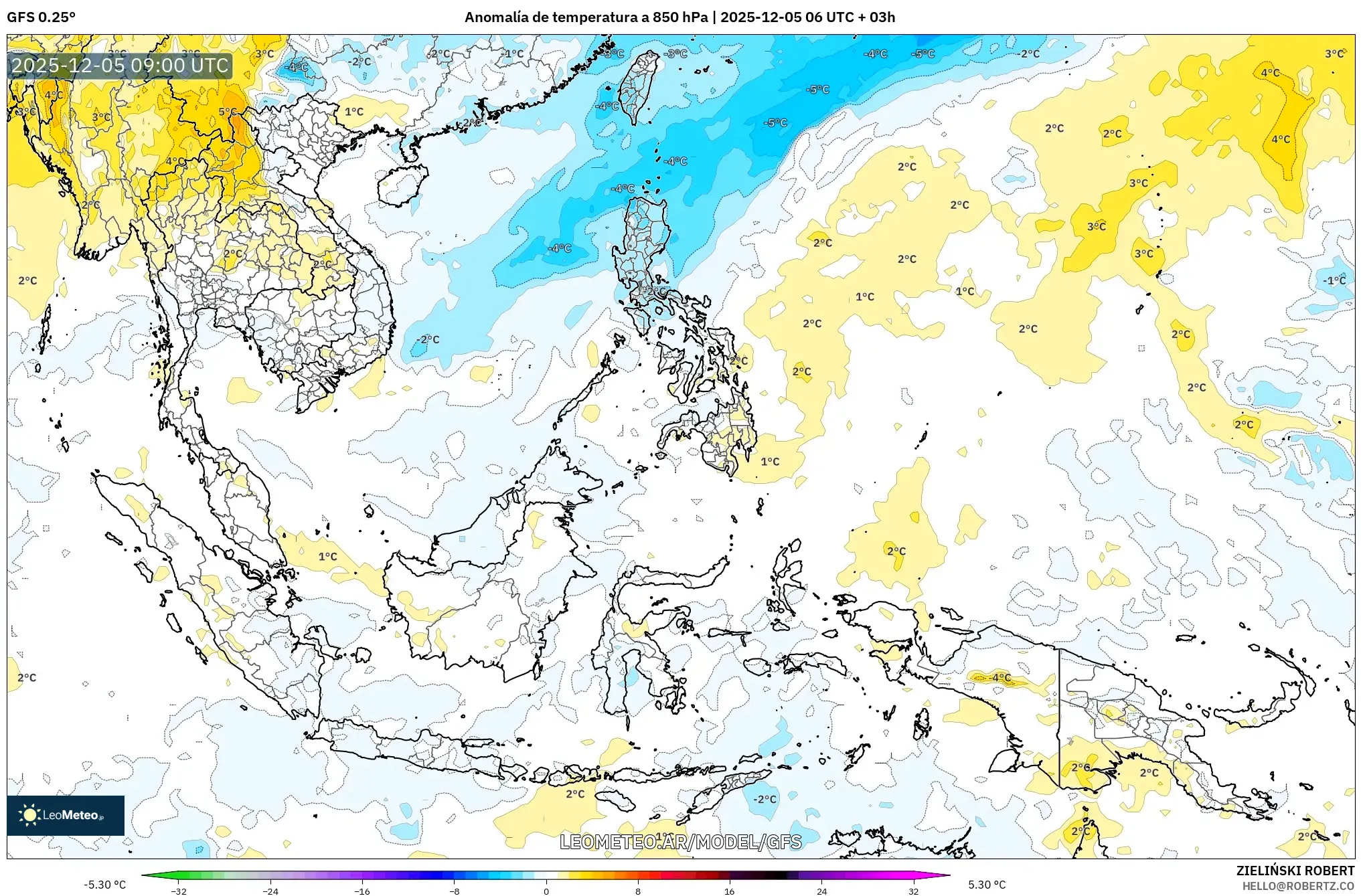 GFS model - Sudeste Asiático, Anomalía de temperatura a 850 hPa