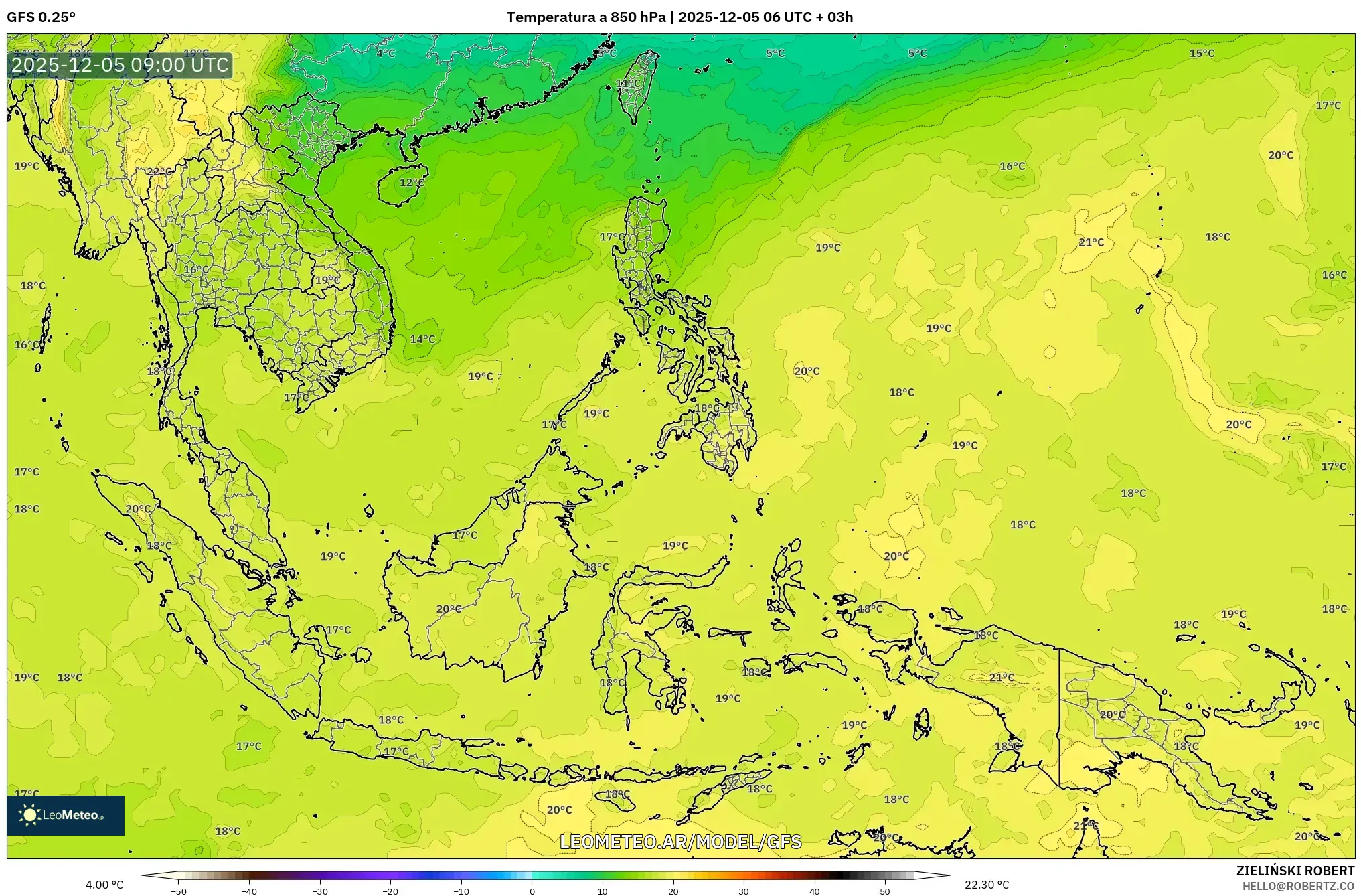 GFS model - Sudeste Asiático, Temperatura a 850 hPa