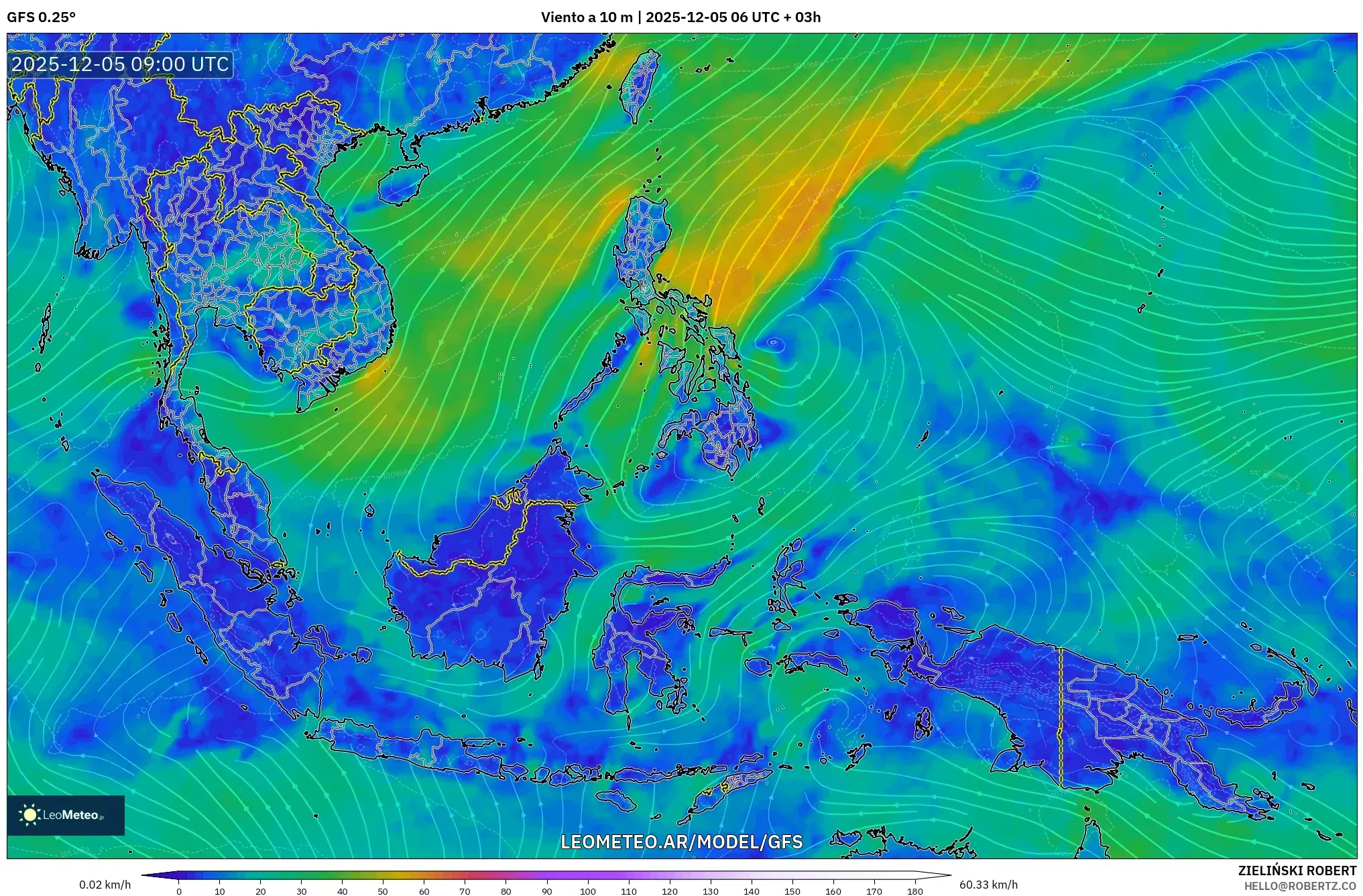GFS model - Sudeste Asiático, Viento a 10 m