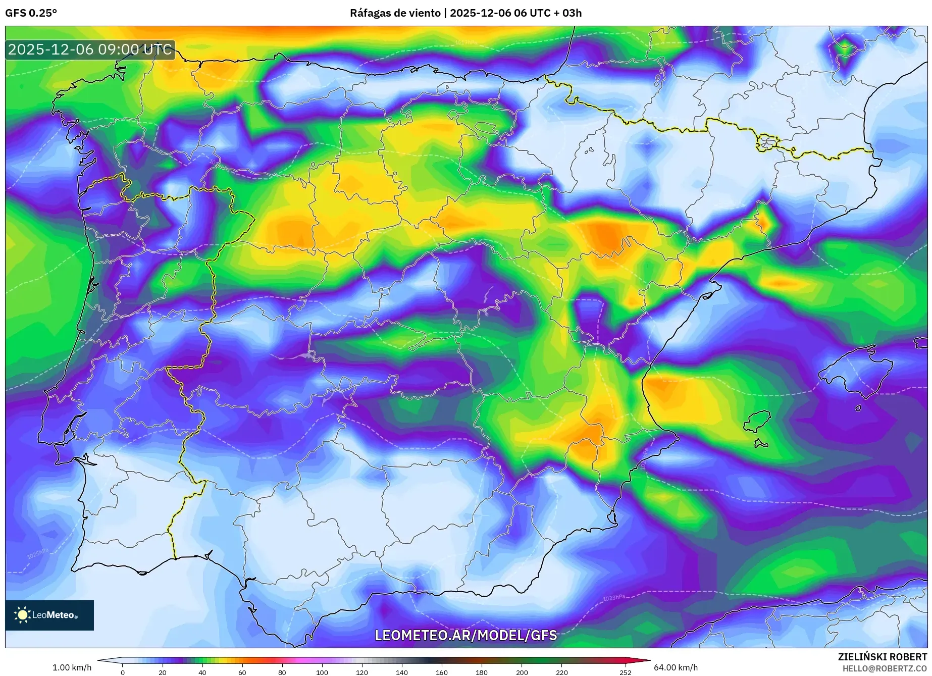 GFS model - España, Ráfagas de viento