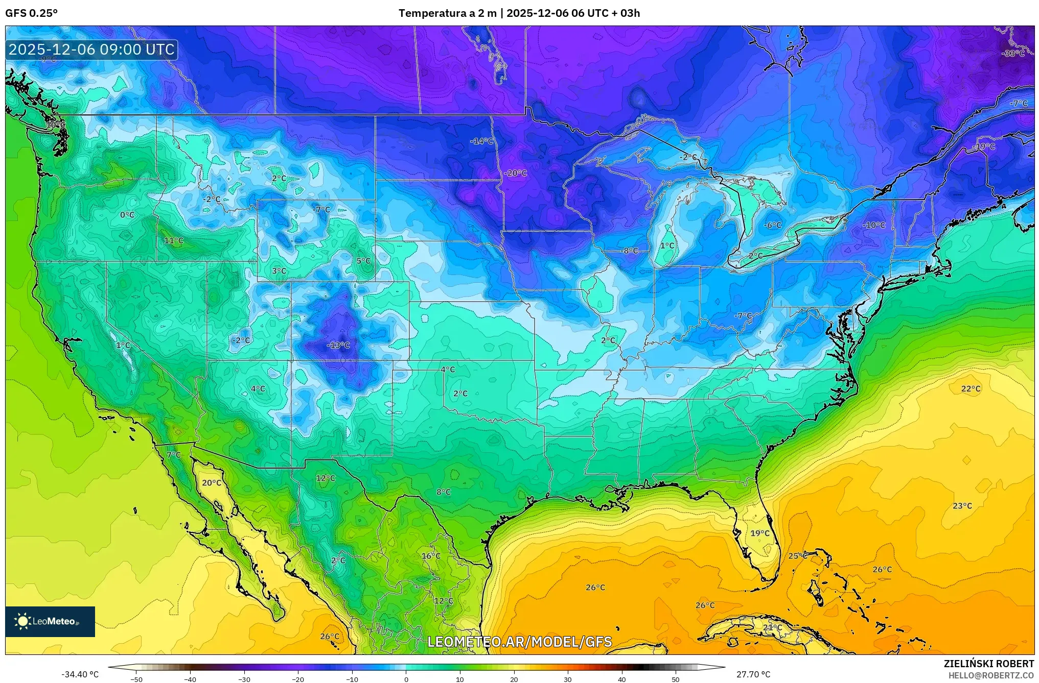 GFS model - Estados Unidos, Temperatura a 2 m