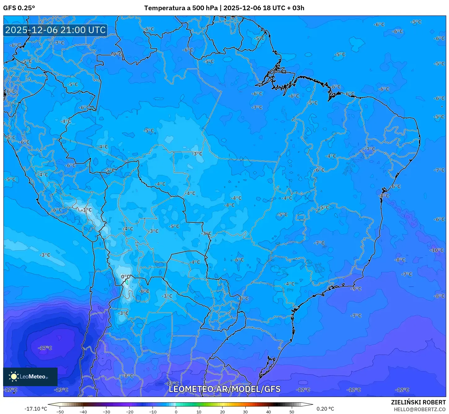 GFS model - Brasil, Temperatura a 500 hPa