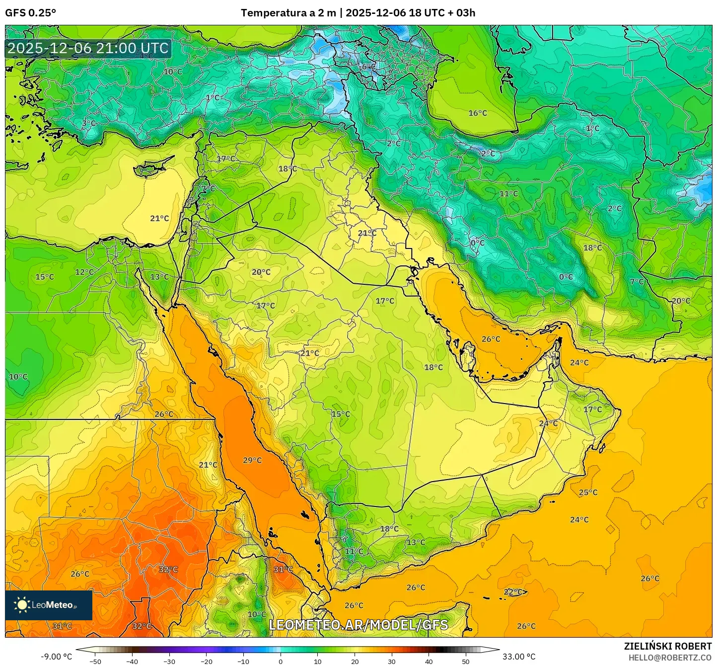 GFS model - Oriente Medio, Temperatura a 2 m