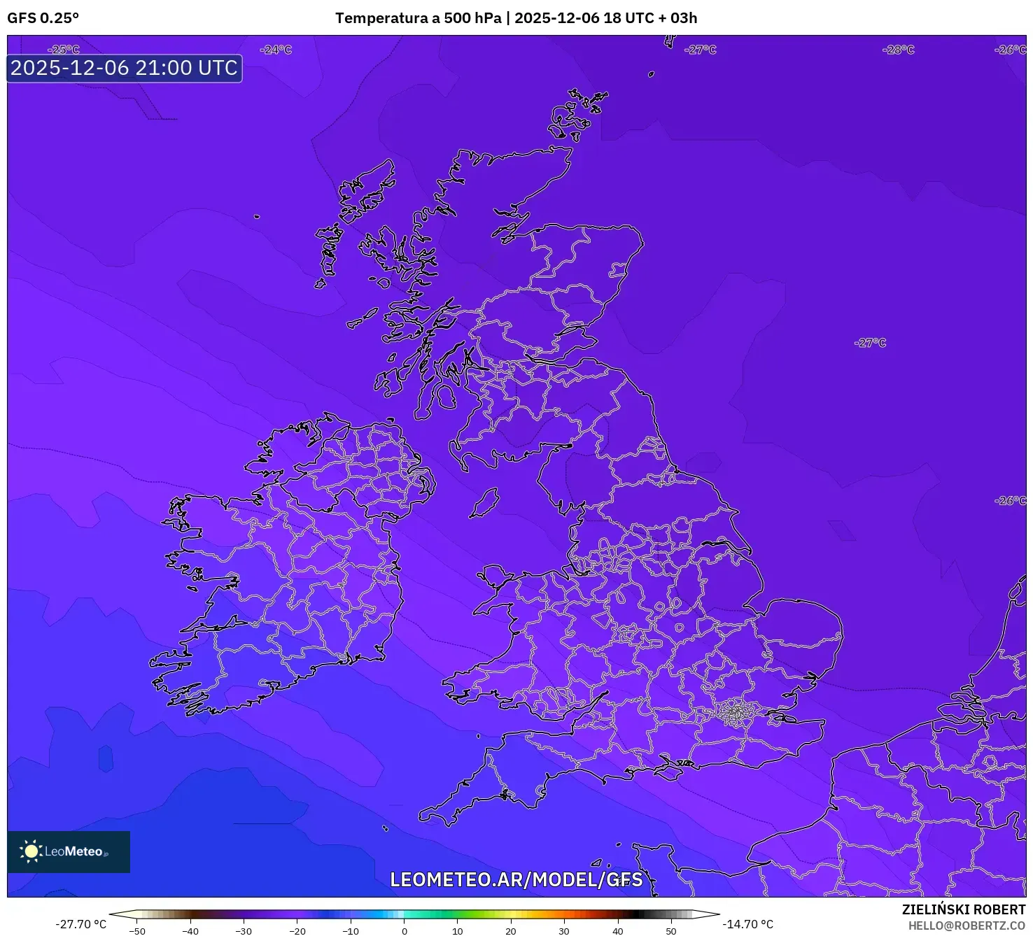 GFS model - Reino Unido, Temperatura a 500 hPa
