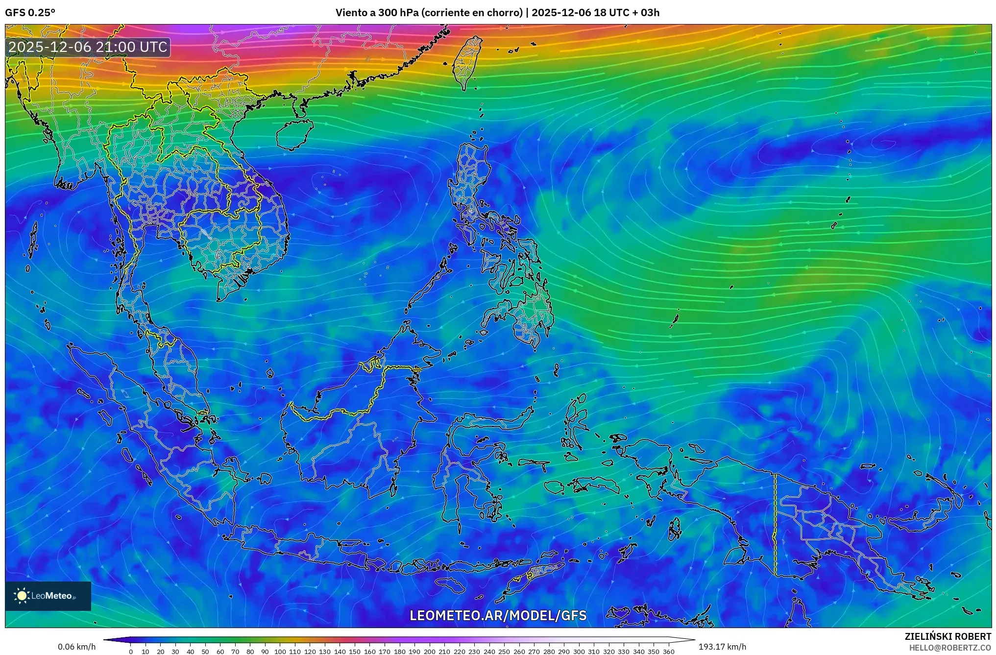 GFS model - Sudeste Asiático, Viento a 300 hPa (corriente en chorro)
