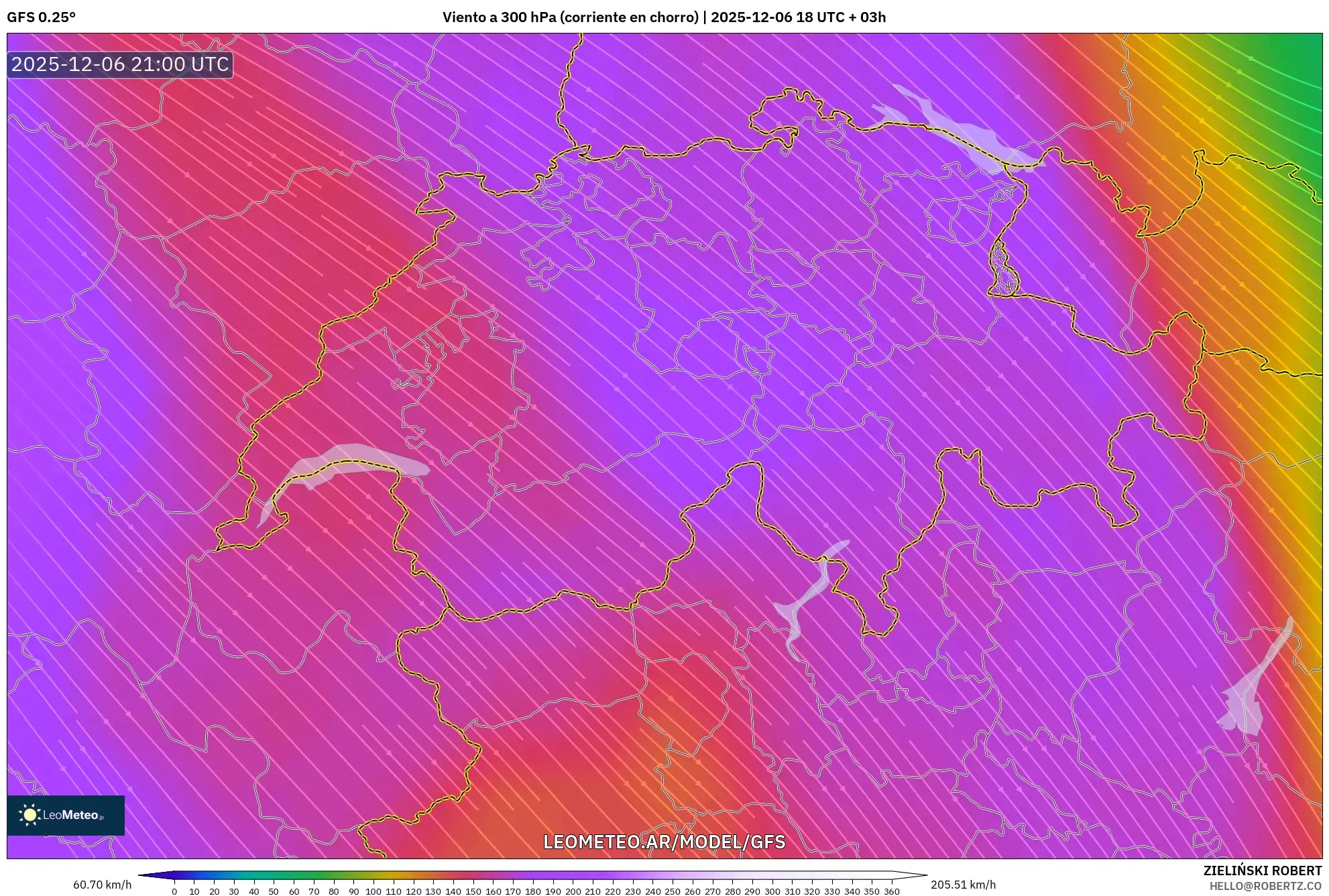 GFS model - Suiza, Viento a 300 hPa (corriente en chorro)