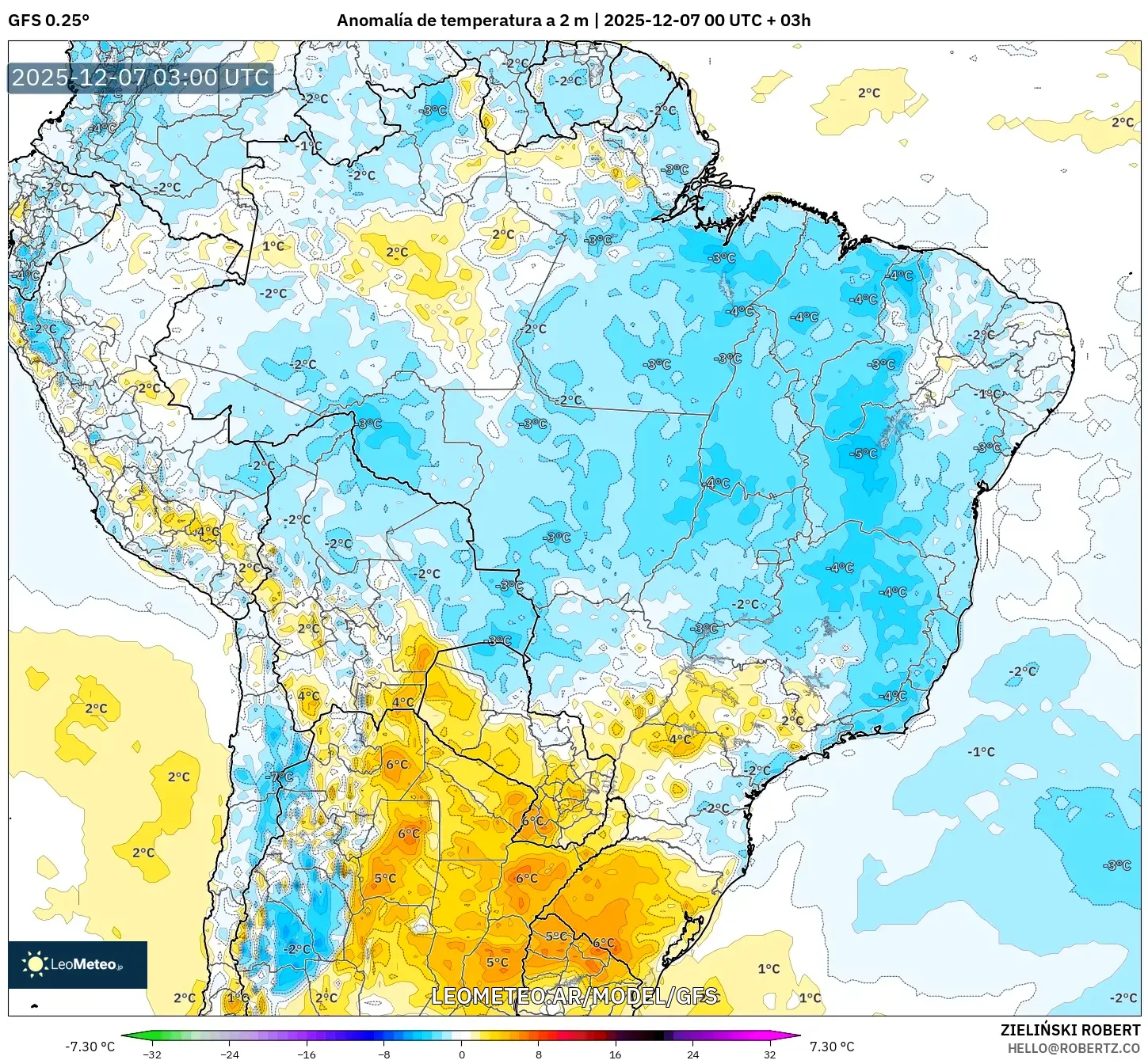 GFS model - Brasil, Anomalía de temperatura a 2 m