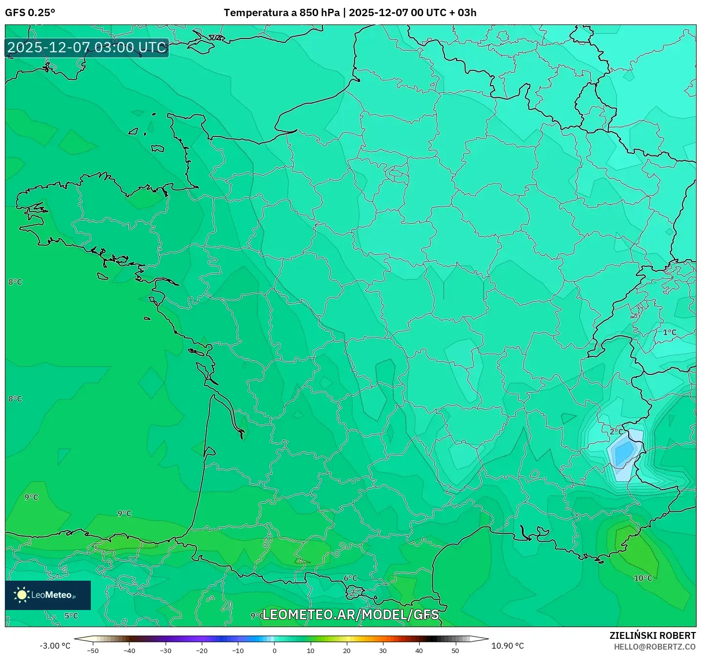 GFS model - Francia, Temperatura a 850 hPa