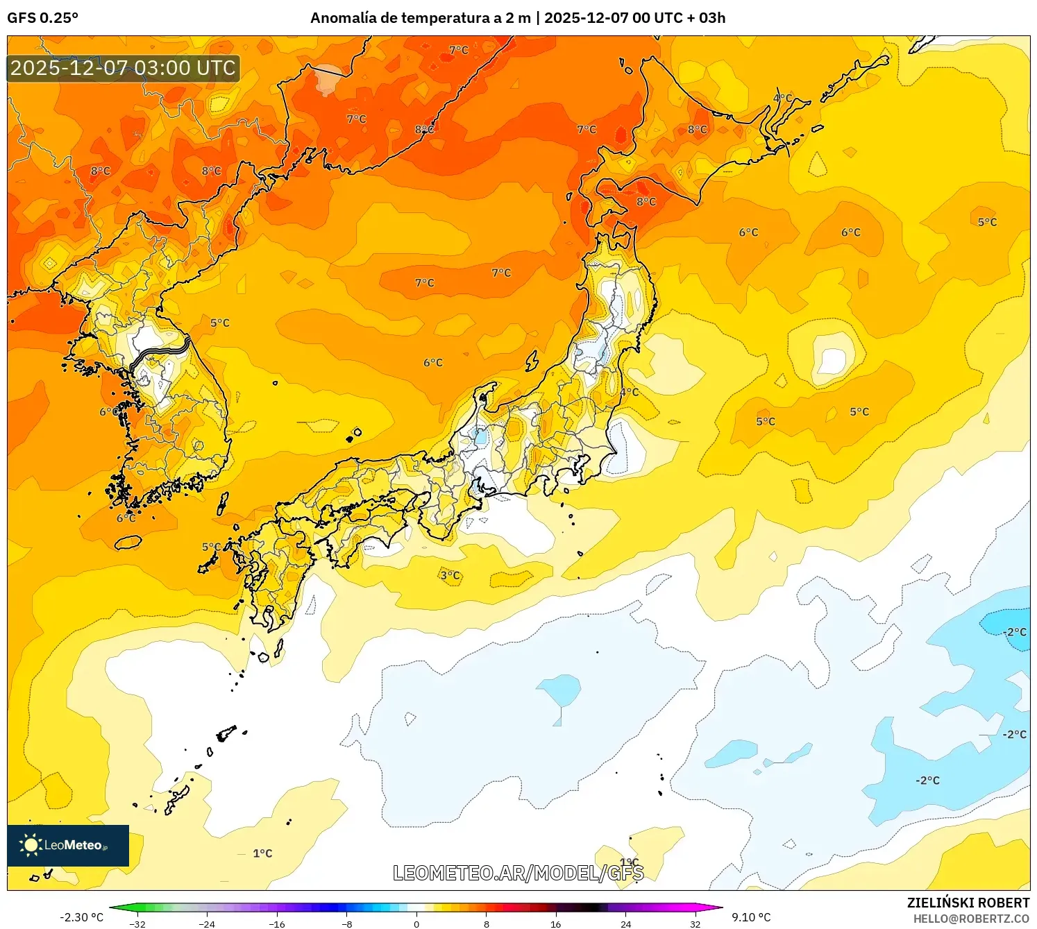 GFS model - Japón, Anomalía de temperatura a 2 m