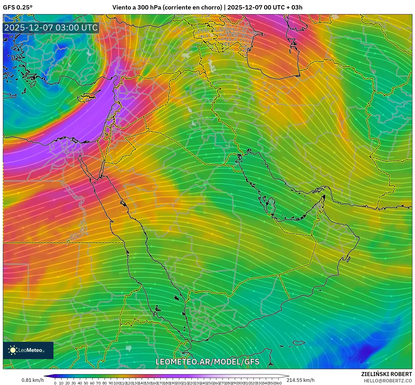 GFS model - Oriente Medio, Viento a 300 hPa (corriente en chorro)