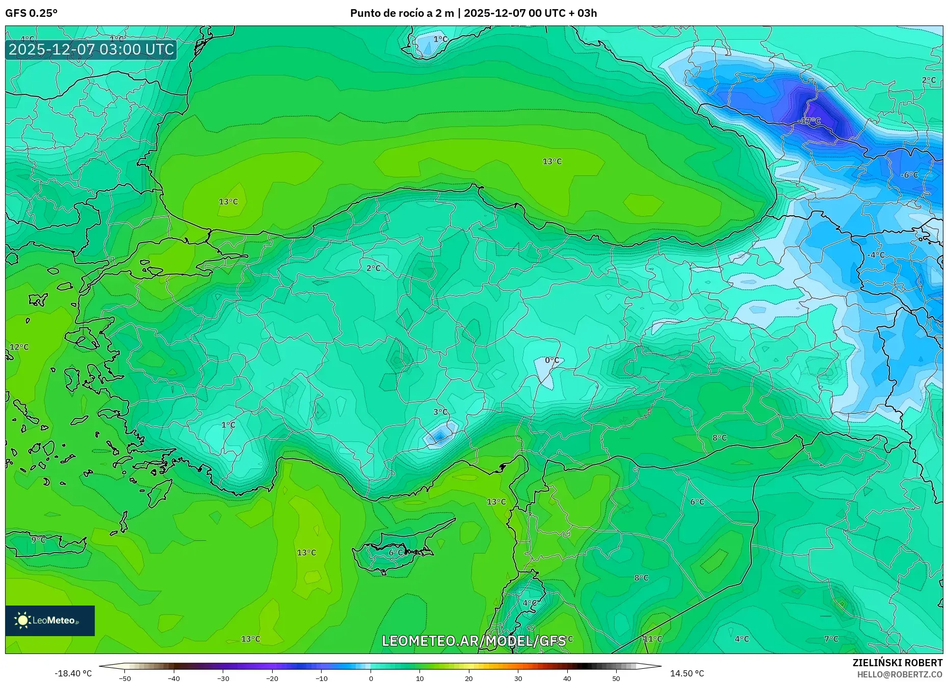 GFS model - Turquía, Punto de rocío a 2 m