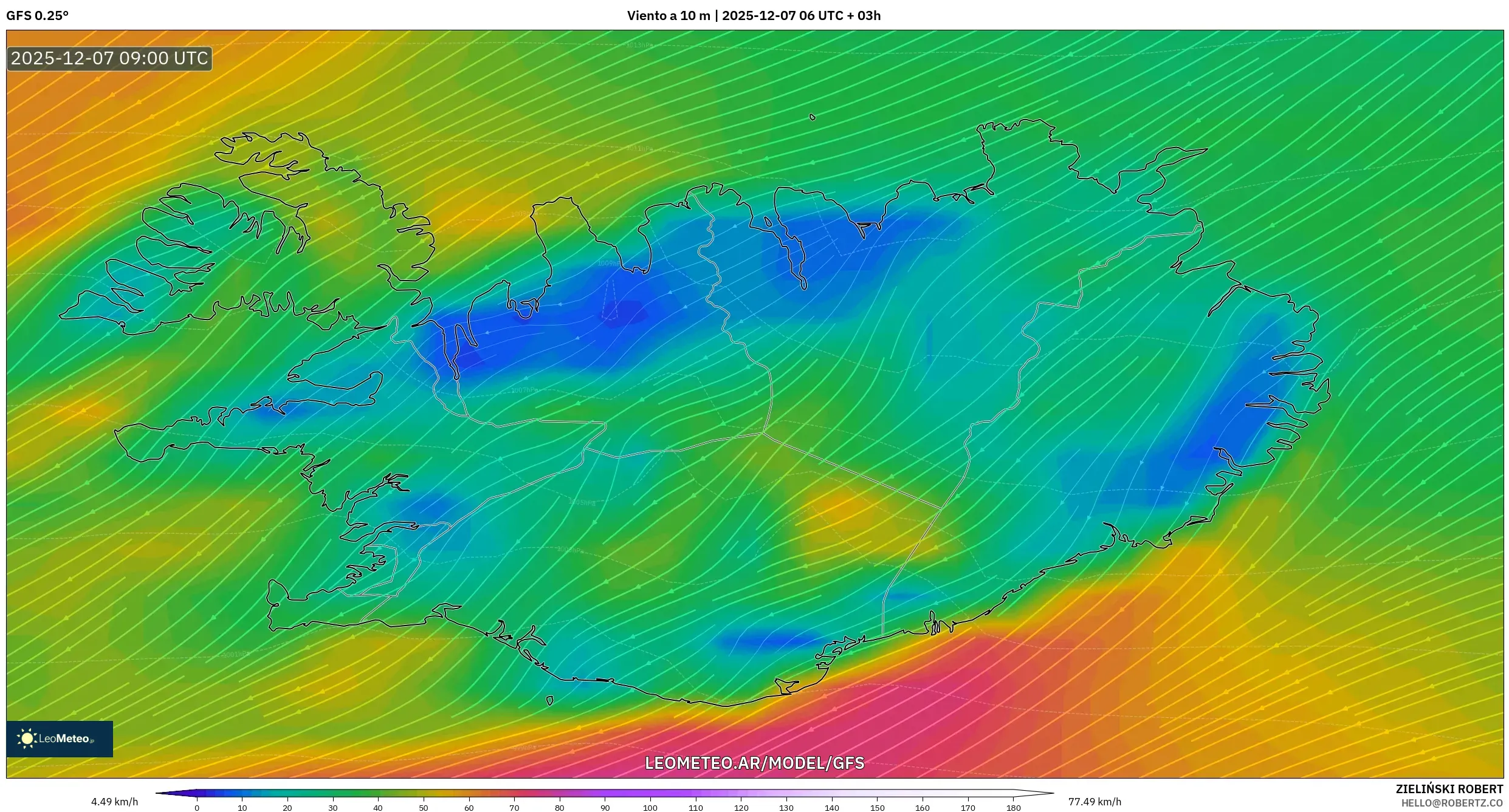 GFS model - Islandia, Viento a 10 m