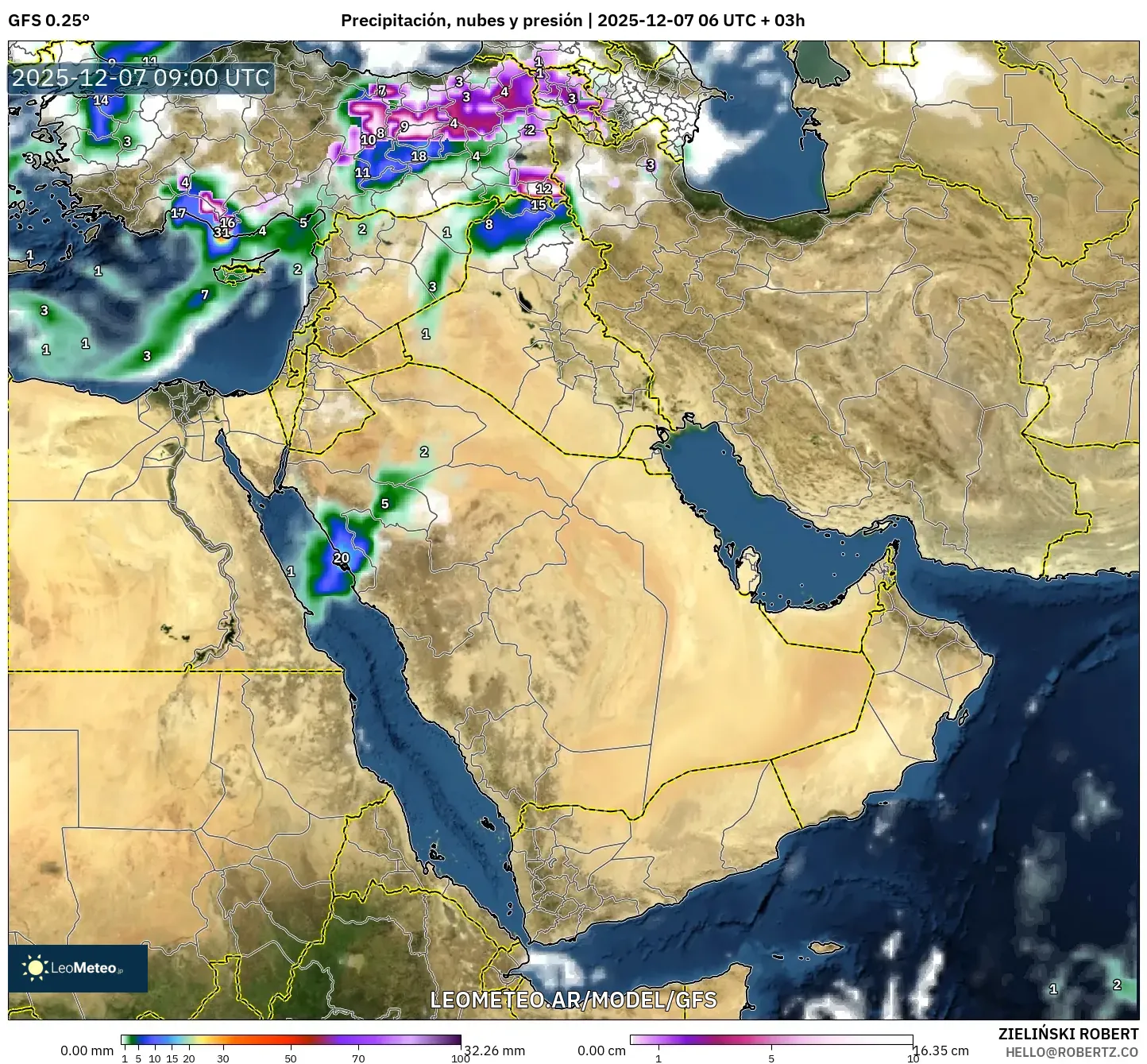 GFS model - Oriente Medio, Precipitación, nubes y presión