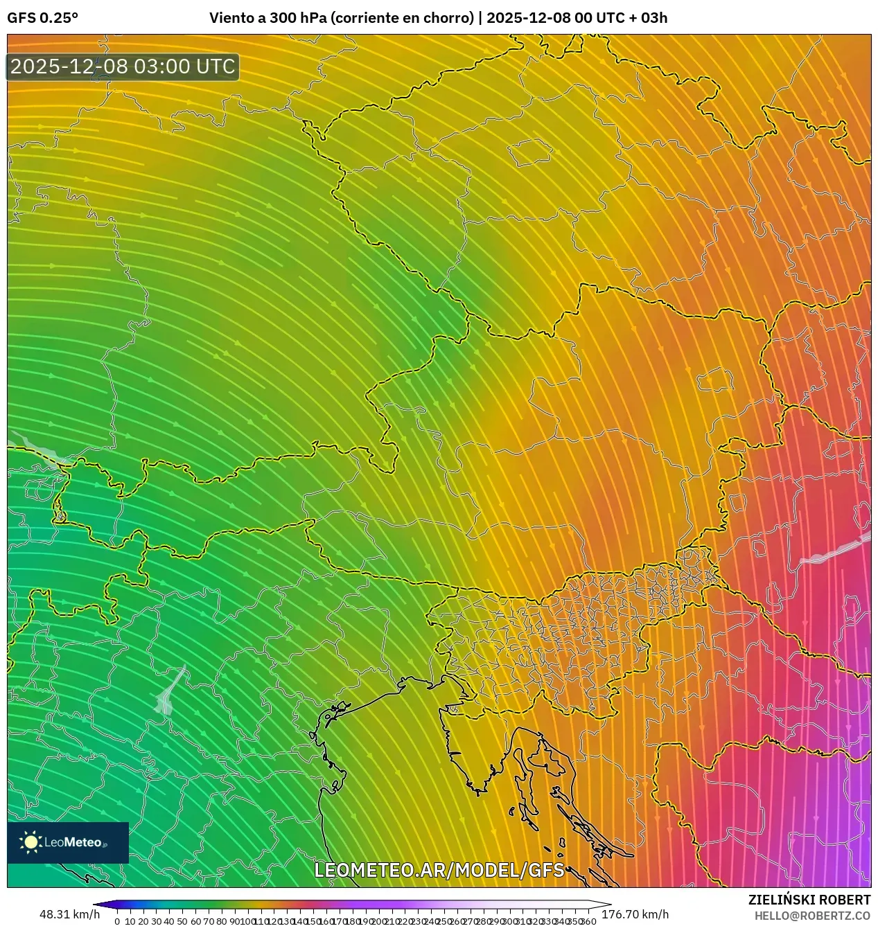 GFS model - Austria, Viento a 300 hPa (corriente en chorro)