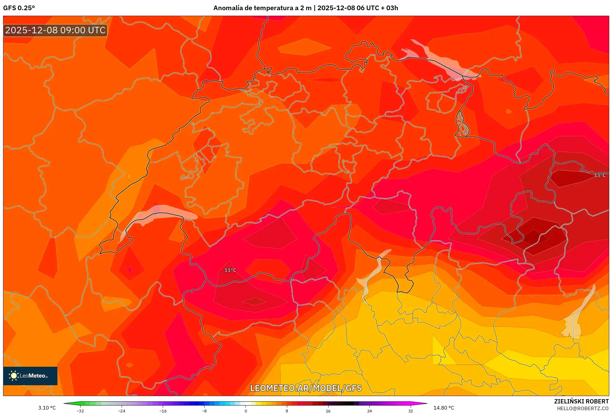 GFS model - Suiza, Anomalía de temperatura a 2 m