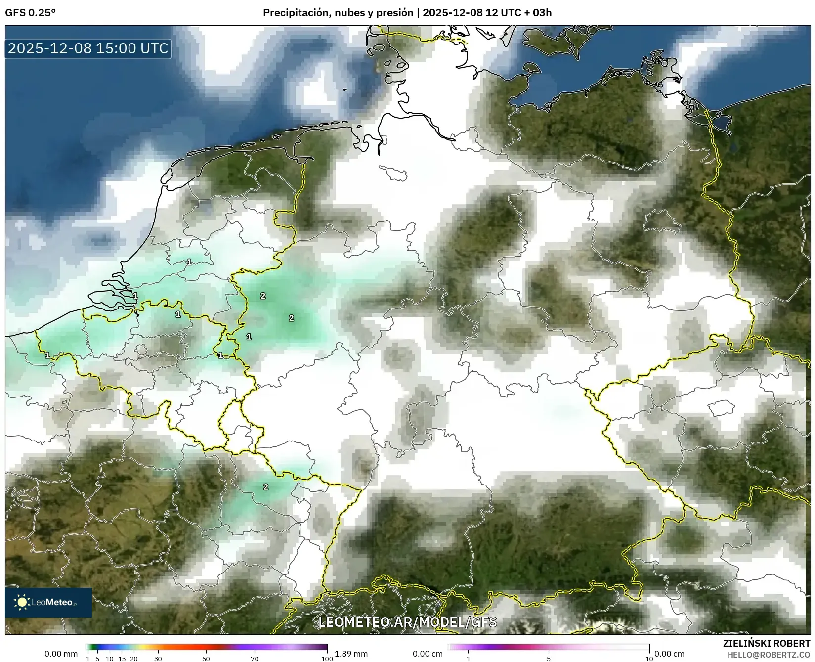 GFS model - Alemania, Precipitación, nubes y presión