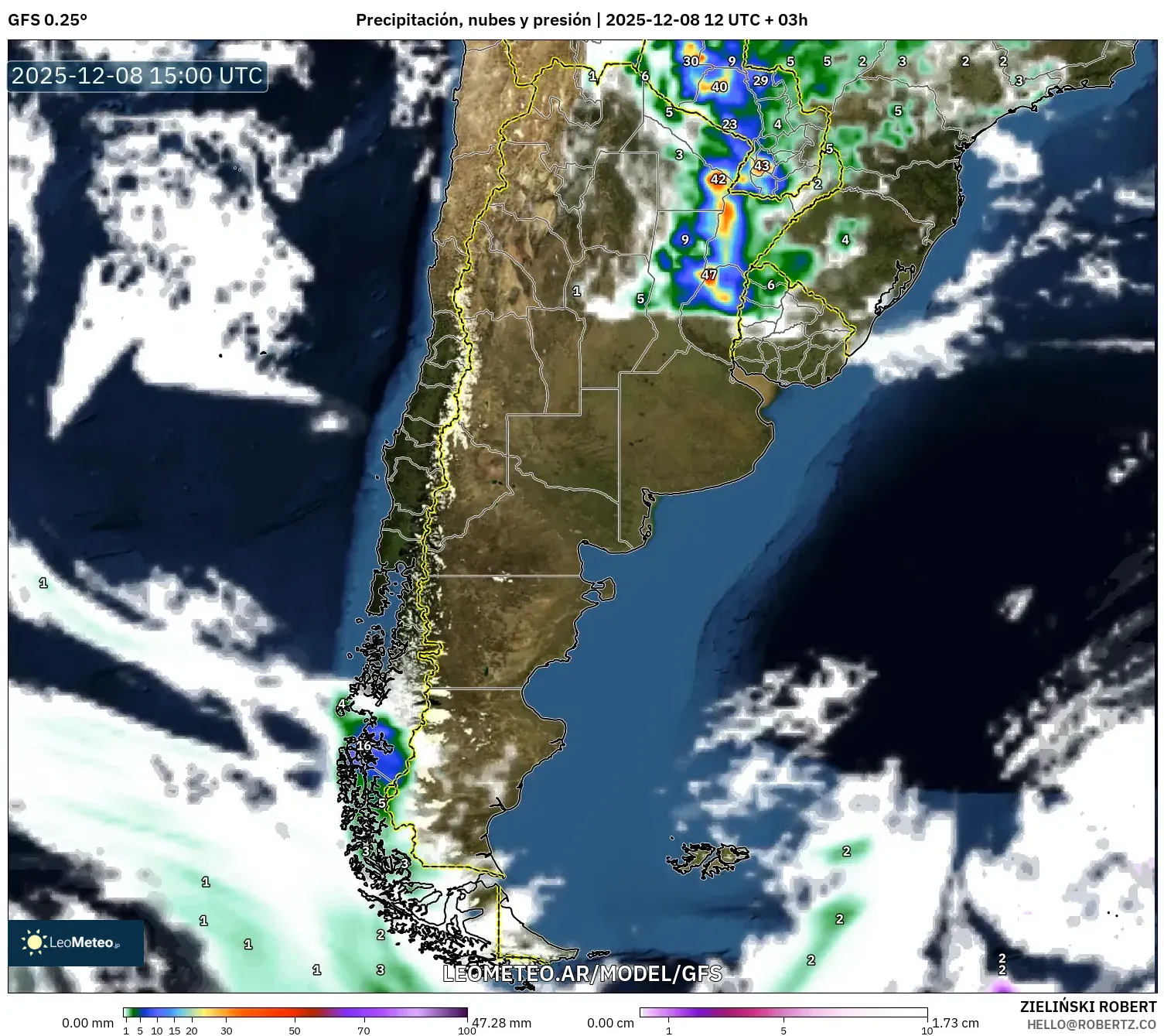 GFS model - Argentina, Precipitación, nubes y presión