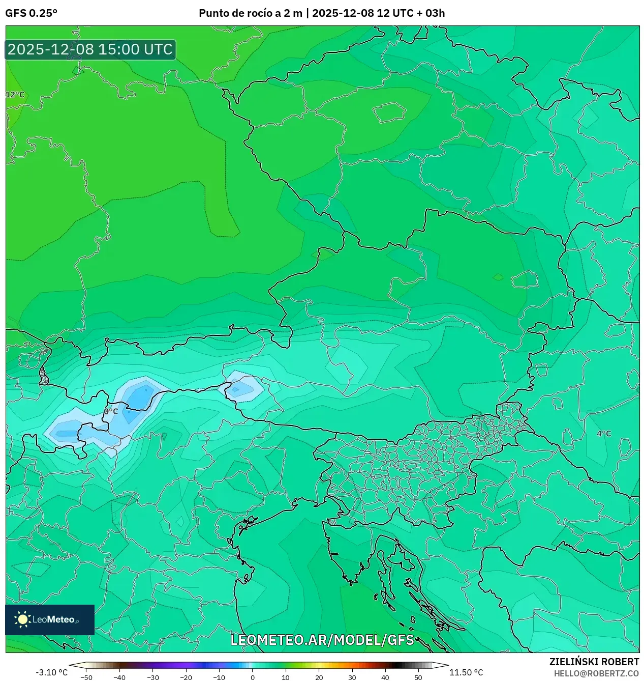 GFS model - Austria, Punto de rocío a 2 m