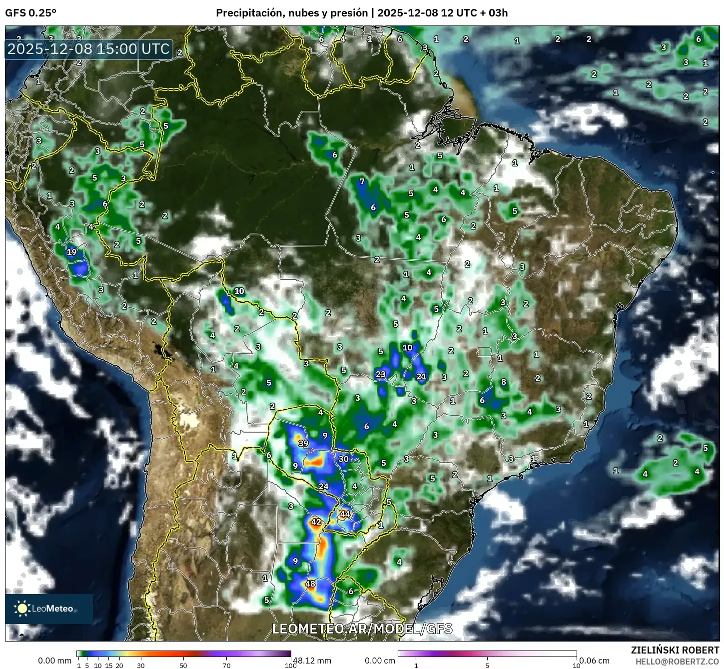 GFS model - Brasil, Precipitación, nubes y presión